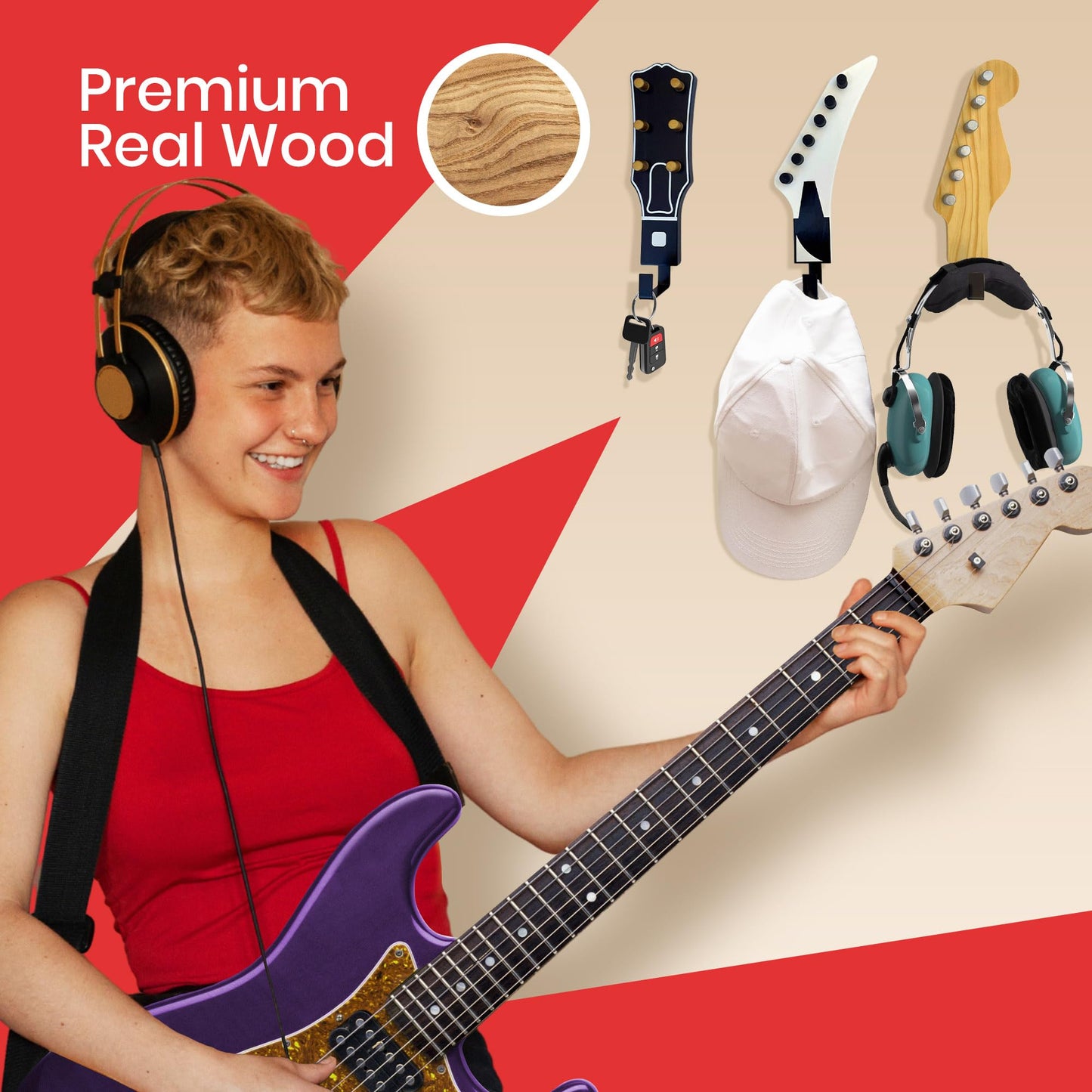 Rise8 Studios Headstock Hangers (Set of 3) | Real Wood 1:1 Scale Guitar Headstock Wall Hooks | Heavy Duty Decorative Coat Rack for Musicians, Home & Music Room Decor | Holds up to 20 lbs