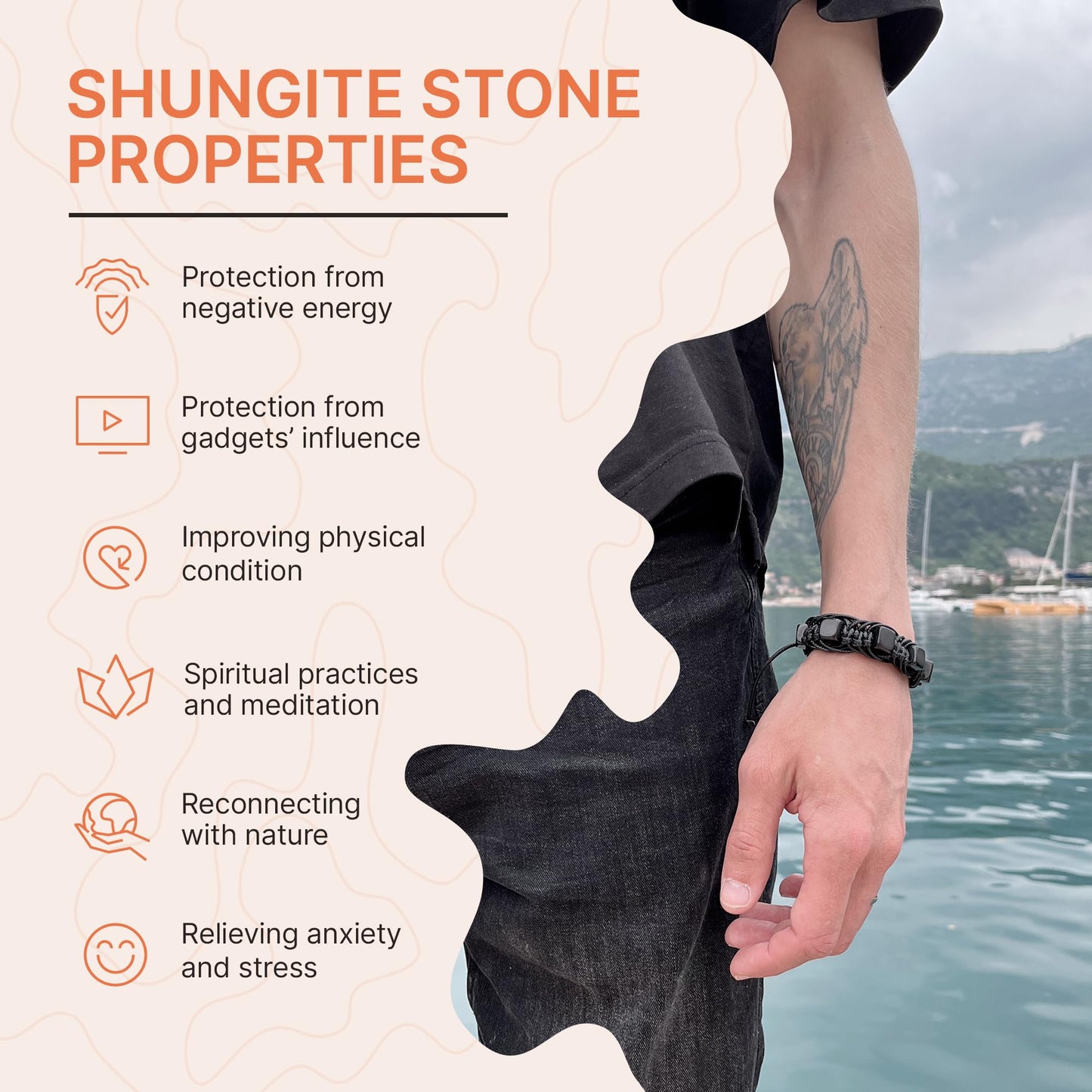 Brutal Handcrafted Shungite Stone Men's Bracelet Arachne 10 mm Cube Beads | Shungite Protection Jewelry for Men and Women | Adjustable Solid Stone Shambhala Macrame Black Mens Beaded Bracelet SB104