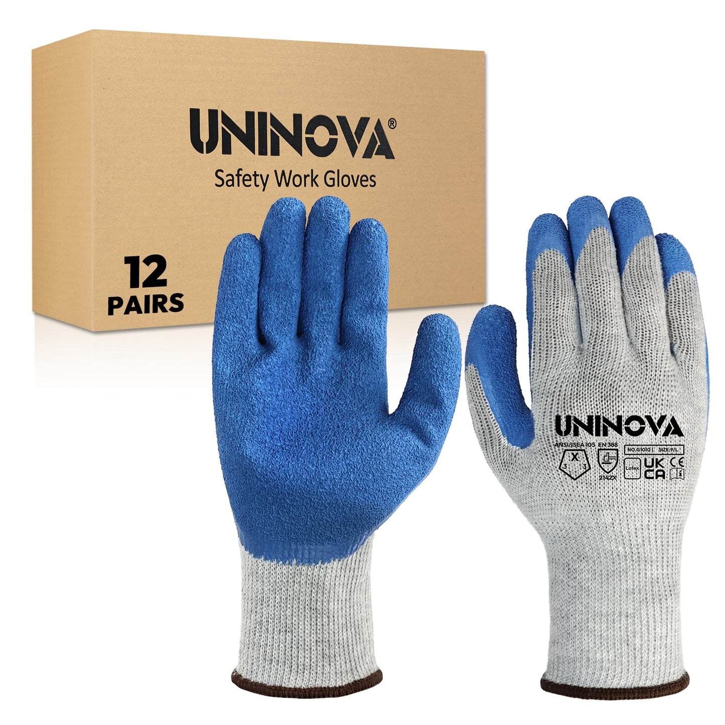 UNINOVA Work Gloves, Crinkle Rubber Latex Palm Coating, Safety Work Gloves with Grip, Non-slip Bulk for Men Women, Construction Warehouse General Handling(Medium,12Pairs)