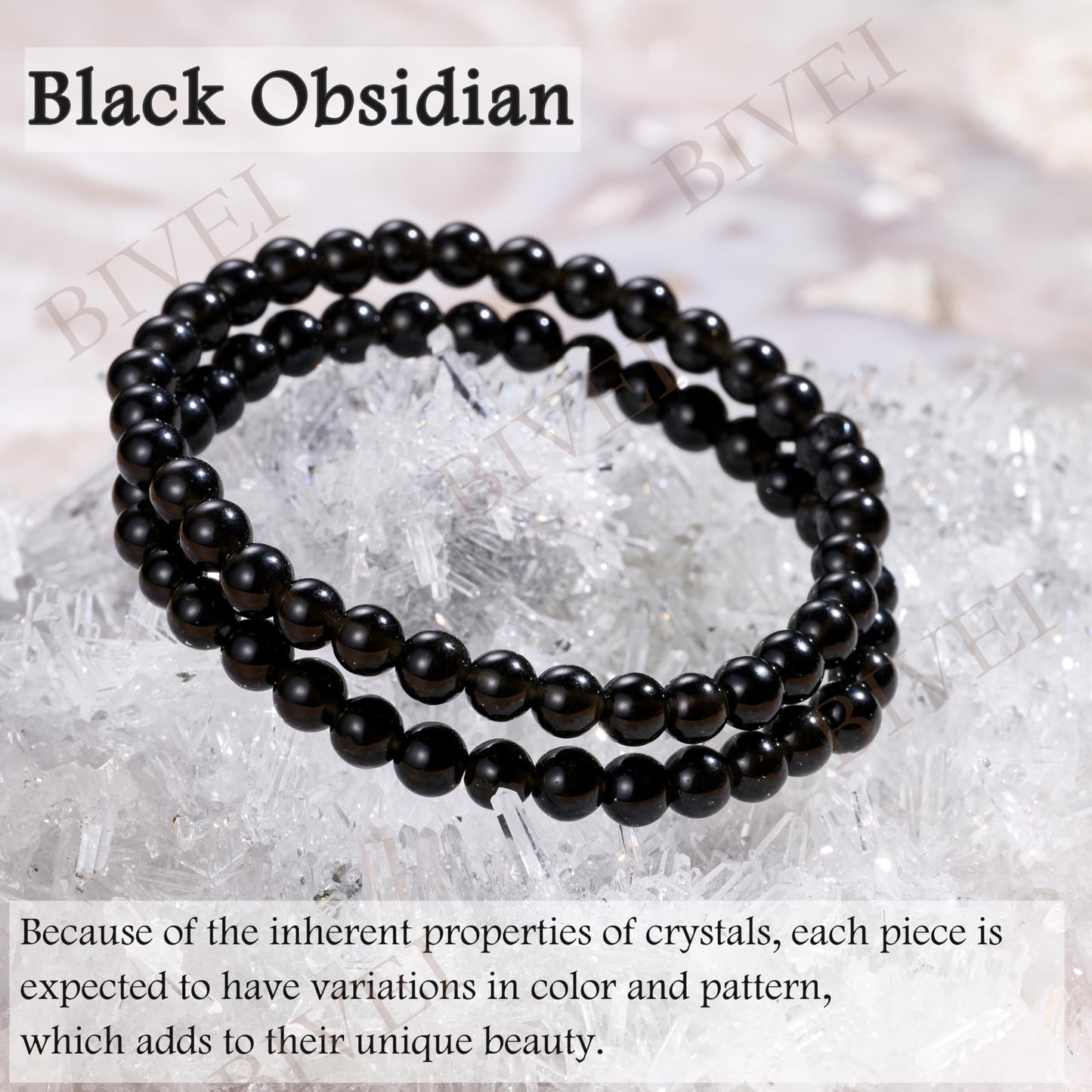 Bivei Black Obsidian - Strength - 6mm Beaded Bracelets for Women Handmade Semi Precious Natural Stone Stretch Elastic Jewelry for Women Yoga Protection Gifts Small