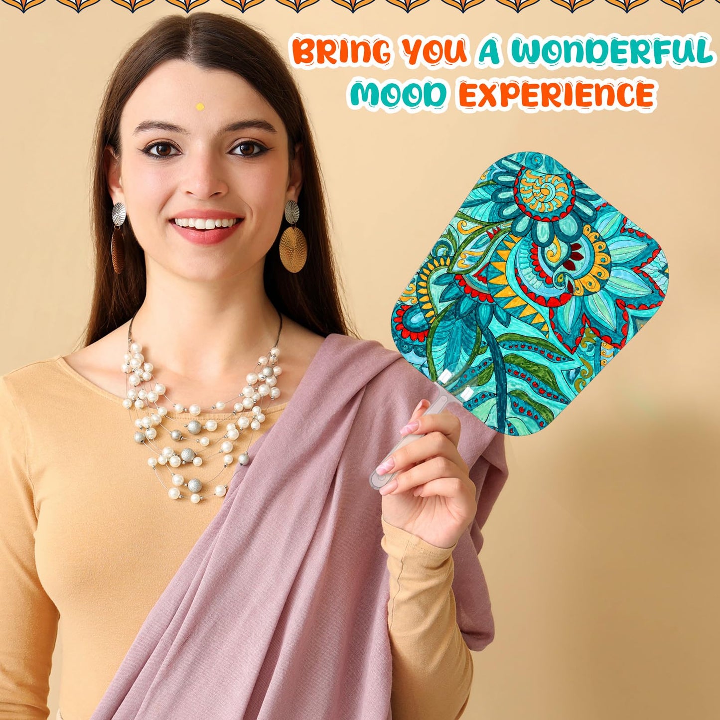 Geelin 48 Pcs Mandala Painting Art Kit Handheld Fan Set Including Fan and Handle 4 Styles DIY Painting Paper Fans for Christmas Crafting Birthday Supplies Outdoor Games Holiday Party Decor