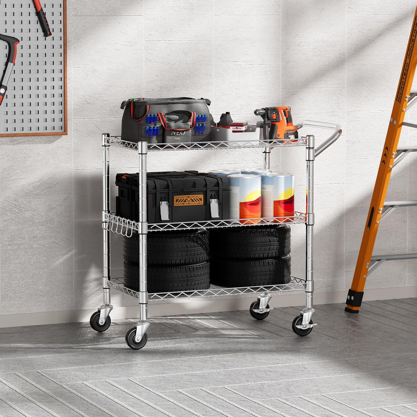 NTE 3 Tier Heavy Duty Rolling Utility Cart on Wheels, 990Lbs Capacity Rolling Wire Cart, Kitchen Carts on Wheels, NSF Commercial Metal Serving Cart with Handle and Shelf Liners for Kitchen, Restaurant