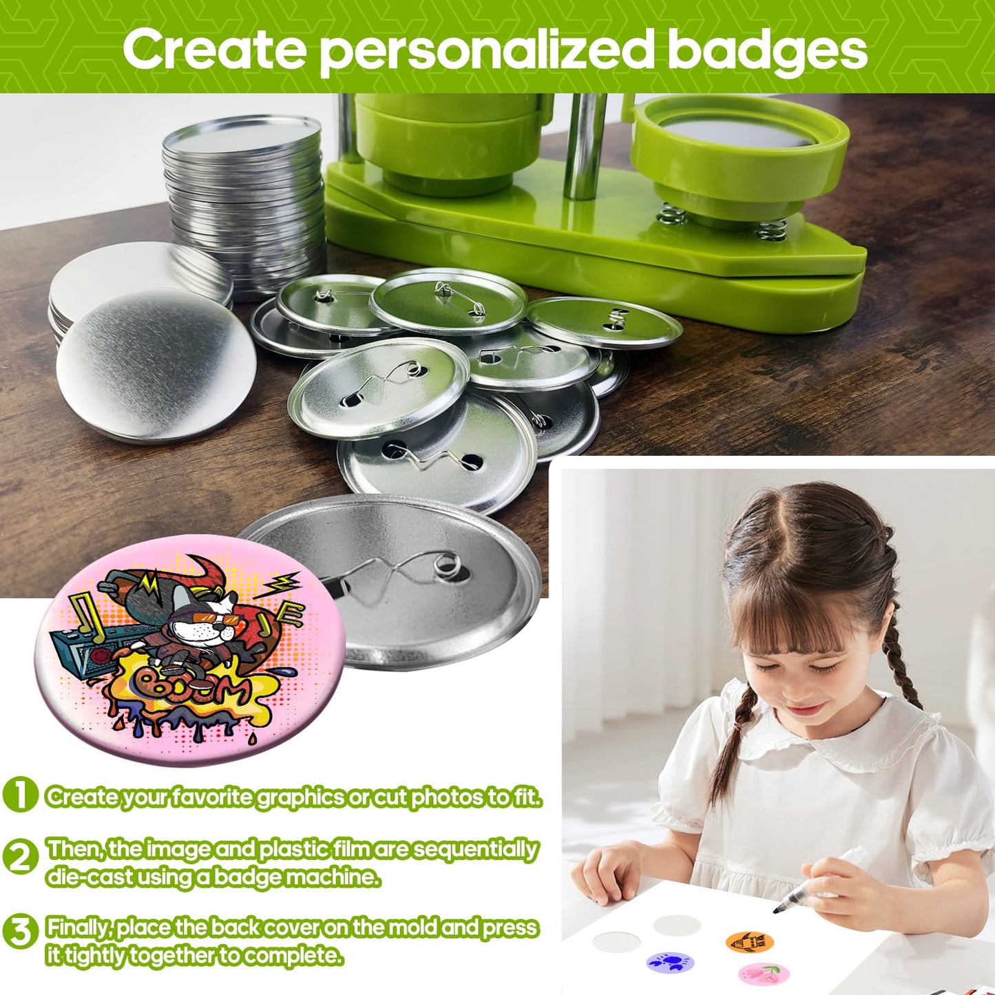 300 Pcs 58mm/2.28 inch Button Maker Supplies, 58mm Button Supplies Parts, (Approx. 2.25 inch) Round Badge Blank Button Pins, Includes Metal Pin Back Cover, Metal Cover, Clear Film