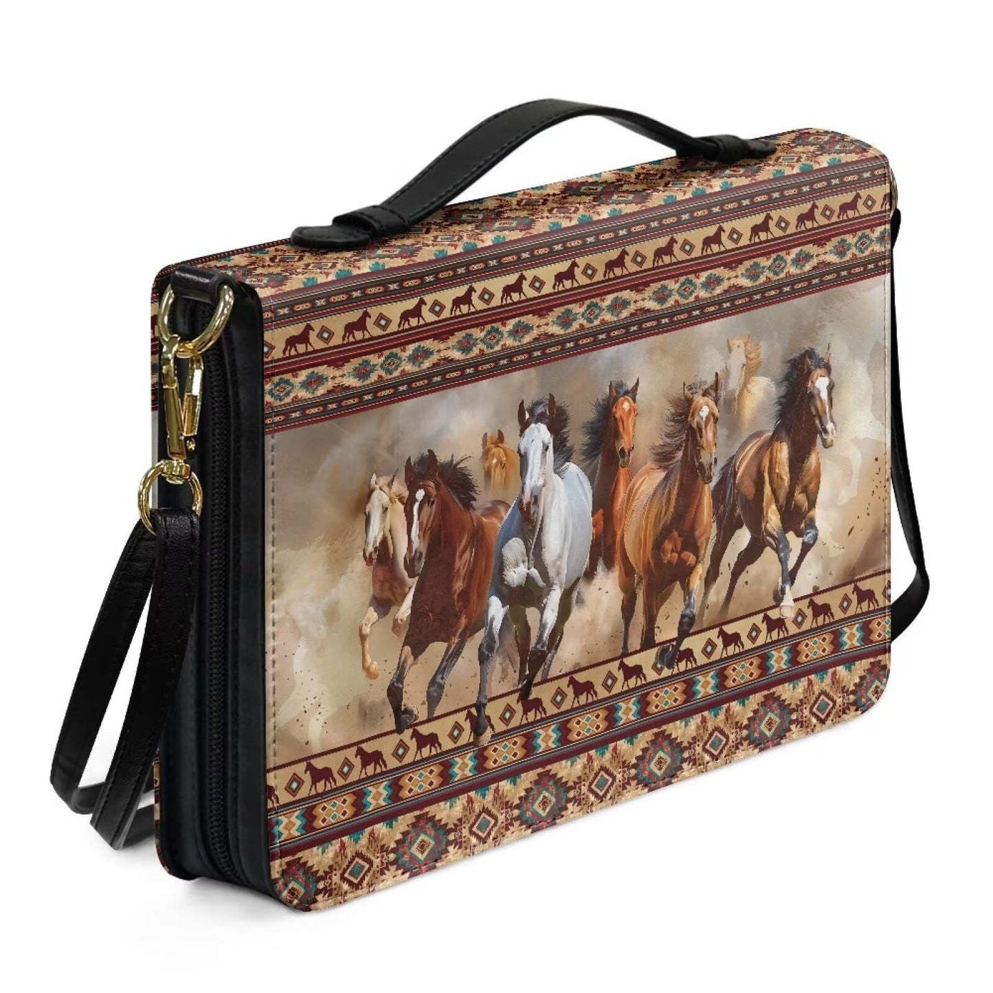 Sktodyaw Large Capacity Bible Book Cover with Horse Navajo Aztec Tribal Print, PU Leather Bible Case with Detachable Strap, Essential for Church,2XL