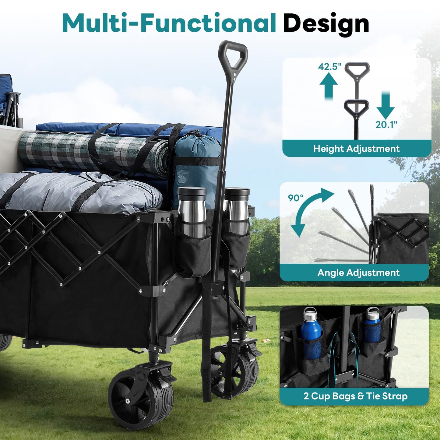 NEWBULIG Wagon Carts Foldable - 440LB Extra-Long Heavy-Duty Collapsible Wagon with All-Terrain Wheels, Portable Storage Shopping Cart for Groceries, Camping, Sports, Beach, Garden