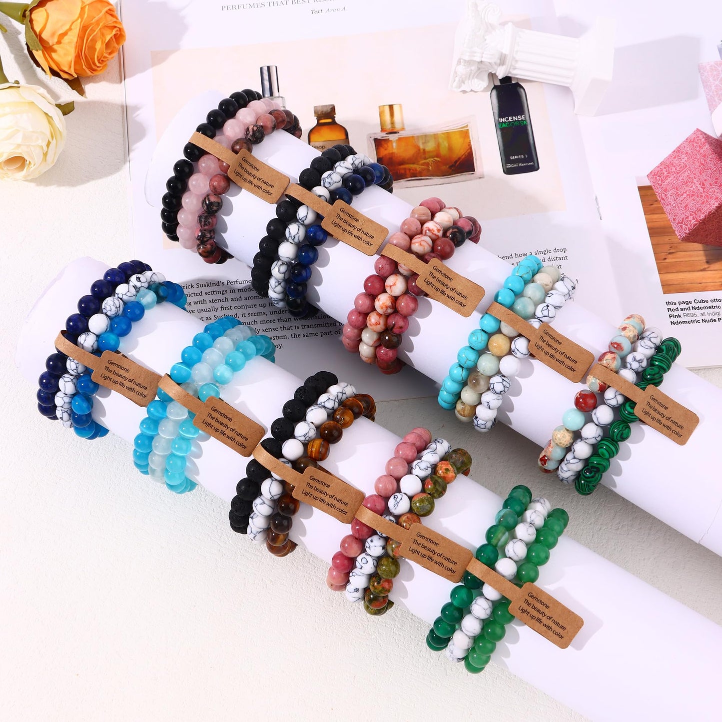 SONNYX 3PCS Healing Crystal Stone Bracelets for Women Men Semi-Precious Gemstone Bracelets 8mm Round Beads Stretch Beaded Bracelet Jewelry Gifts(Cat Eye)