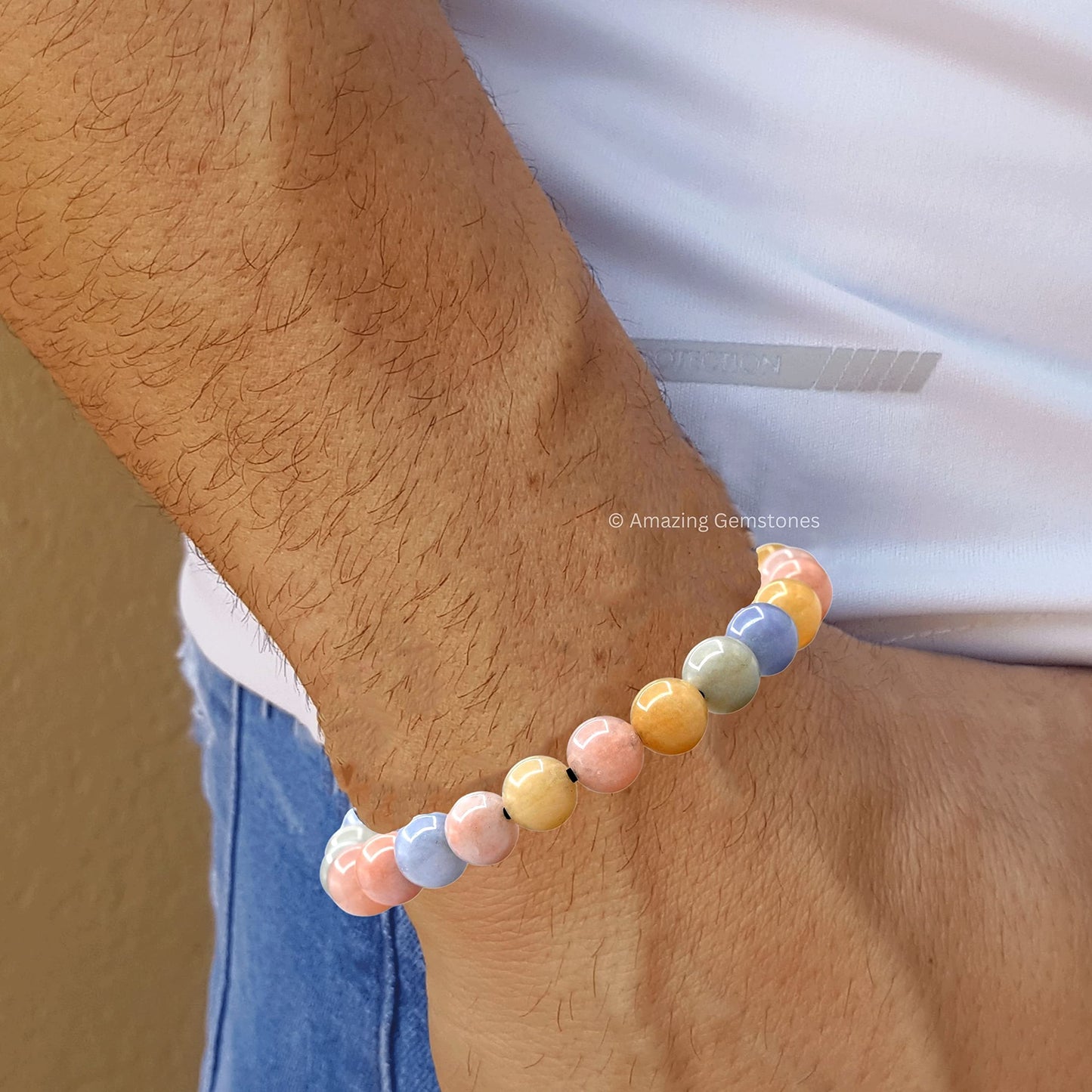 Amazing Gemstone Morganite Bracelet for Women Men's Gifts - Protection Healing Crystal Bracelet - 8mm Gemstones Beaded Adjustable Bracelet Pulseras Para Hombres Mujer Stocking Stuffers