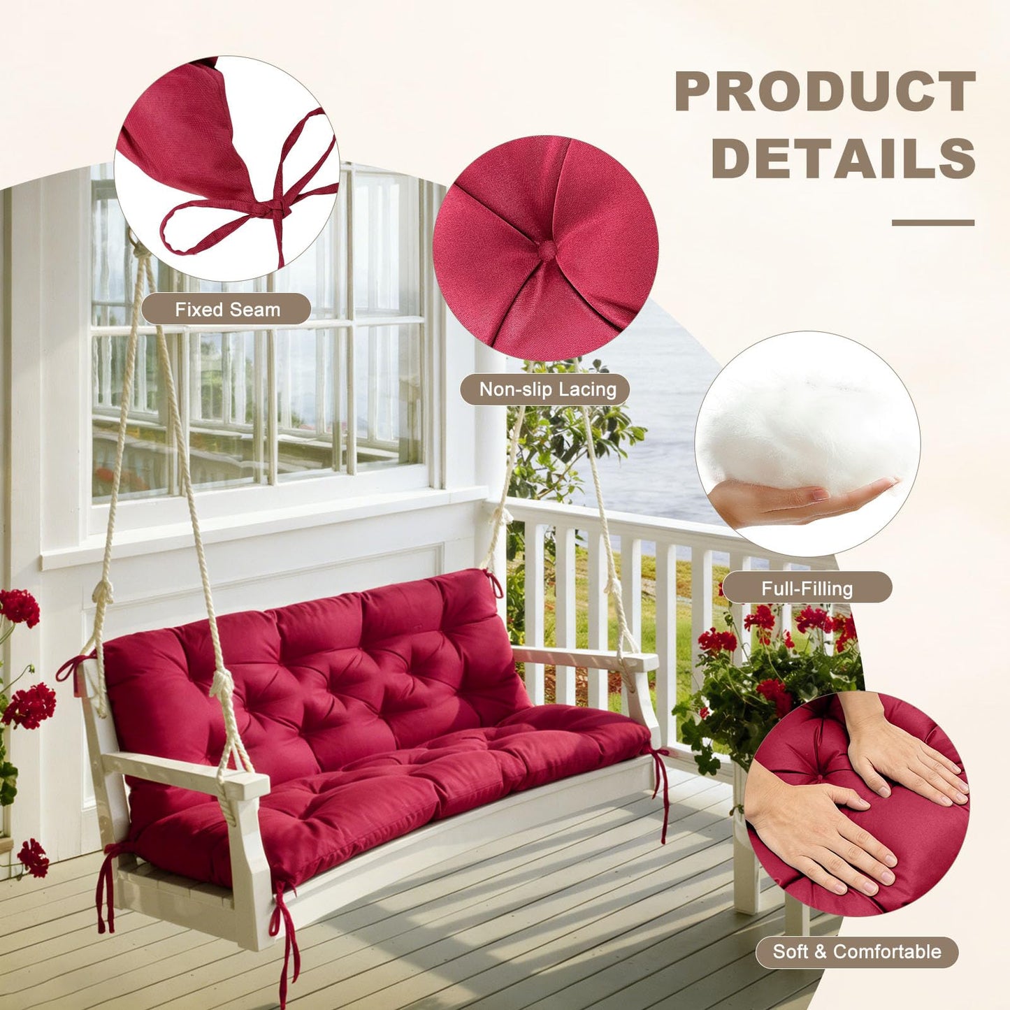 NANGELRN Porch Swing Cushion with Backrest,Waterproof Bench Cushion for Outdoor Furniture,2-3 Seater Replacement Thickened Swing Cushion with Ties,Patio,Outdoor,Backyard and Garden (Wine Red,60x40)