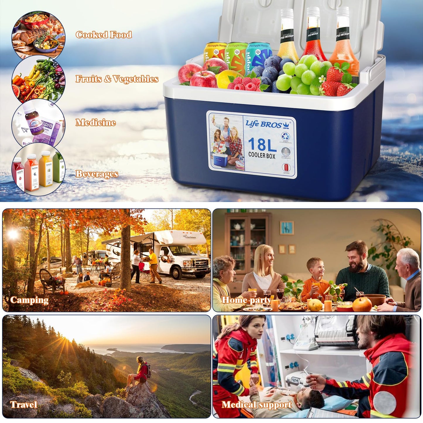 LifeBROS 11/17/19/27 Qt Insulated Portable Cooler Leak-Proof Airtight Ice Chest Dry Box Hard Cooler Plus Ice Packs for Travel, BBQ, Camping, Picnic- Blue