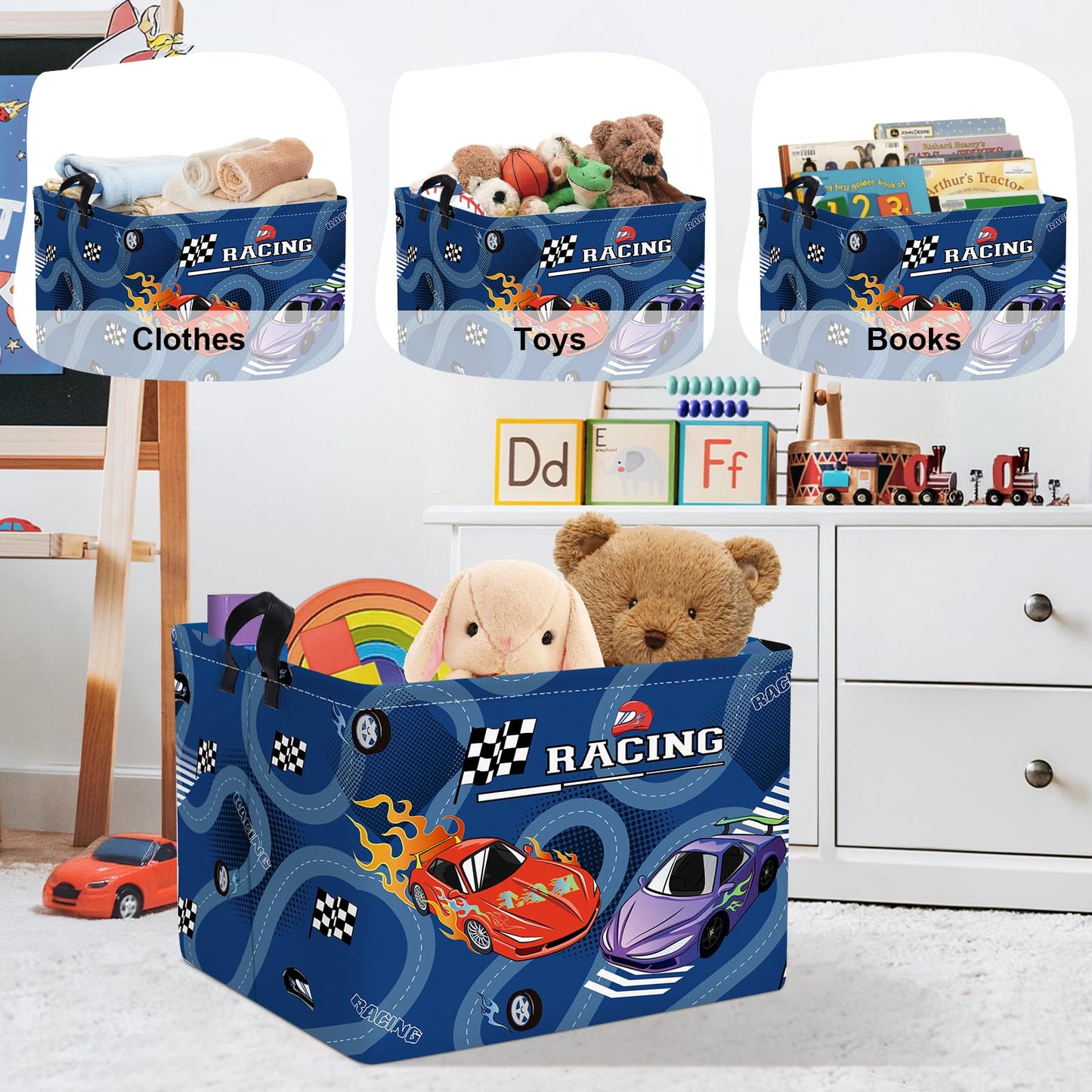 HUUMONSS Racing Car Baby Storage Basket Collapsible Clothes Kids Laundry Hamper Large Flag Track Boys Gift Toy Box Bin for Playroom, Blue, 36L