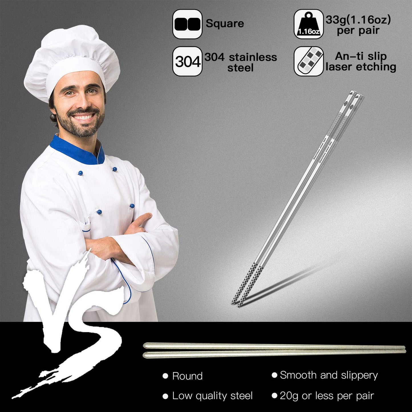 Metal Chopsticks Reusable 18/8 Stainless Steel Chopsticks Multipack Dishwasher Safe Chop Sticks Cute Laser Engraved Non-slip Japanese Korean Chopstick for Cooking Eating 9 1/4 Inches 5 Pairs Gift Set