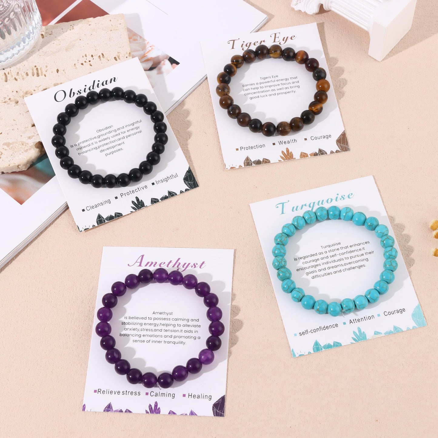 MOZAKA 12PCS Beaded Bracelets for Women Men - 8mm Semi-Precious Gemstone Beaded Bracelets, Crystal Stretch Round Beads Bracelets Unisex Jewelry Gift