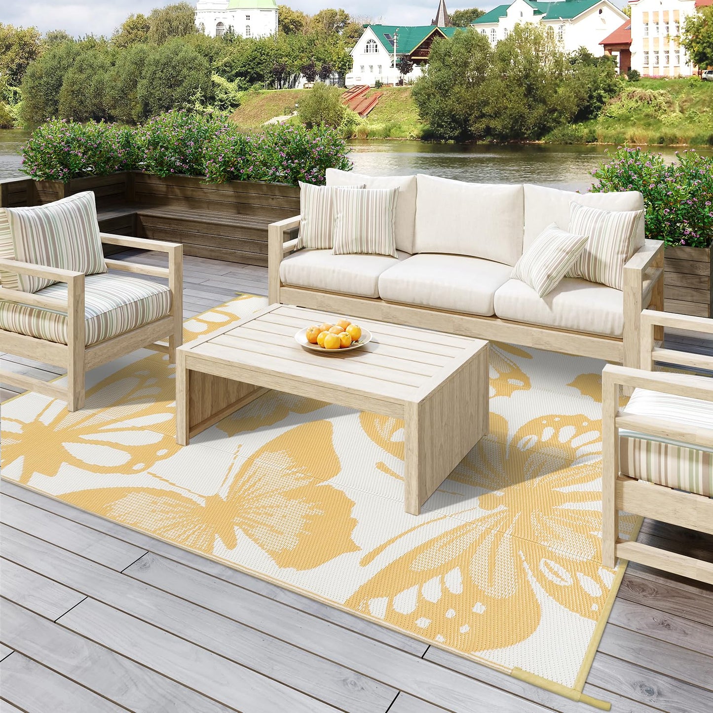 Uphome Outdoor Rug Waterproof 6x9 ft, Patio Plastic Straw Rugs for RV Camping, Reversible Butterfly Mat Outside, Indoor Outdoor Floor Carpet for Back Yard Deck Balcony Porch Beach Picnic, Yellow
