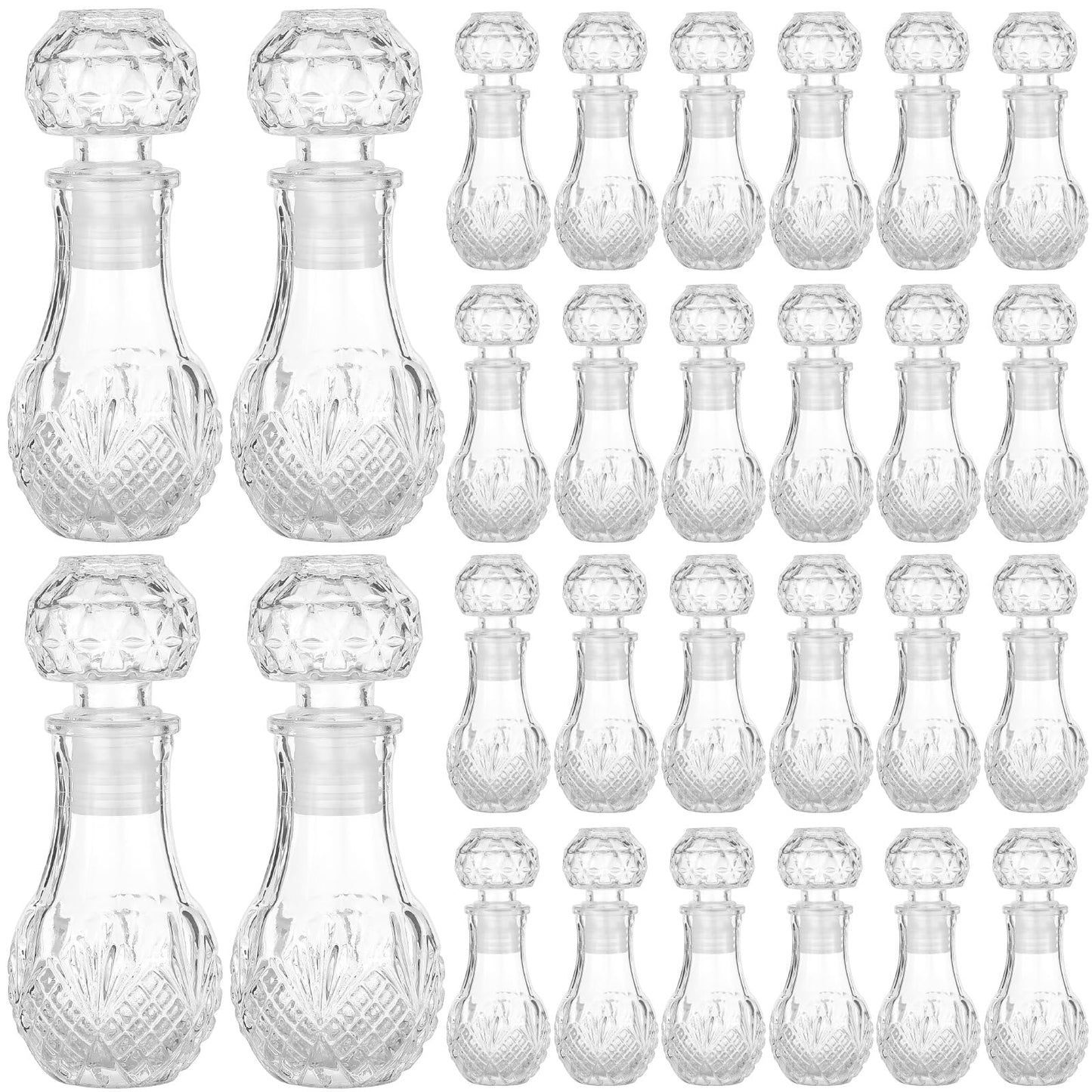 Chuangdi 24 Pcs Mini Glass Wine Bottles 1.7oz Glass Tequila Bottles with Stopper Decorative Tequila Bottle for Whiskey Vanilla Extract Champagne Wedding Baby Shower Party Favors(Round Style)