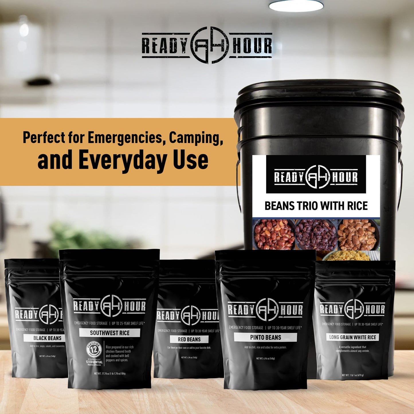 Ready Hour Beans Trio with Rice Kit Bucket (100 Servings) Survival Beans and Rice, Survival Food Storage, Emergency Preparedness Food, Prepper, Easy Prep, 30-Year Shelf Life