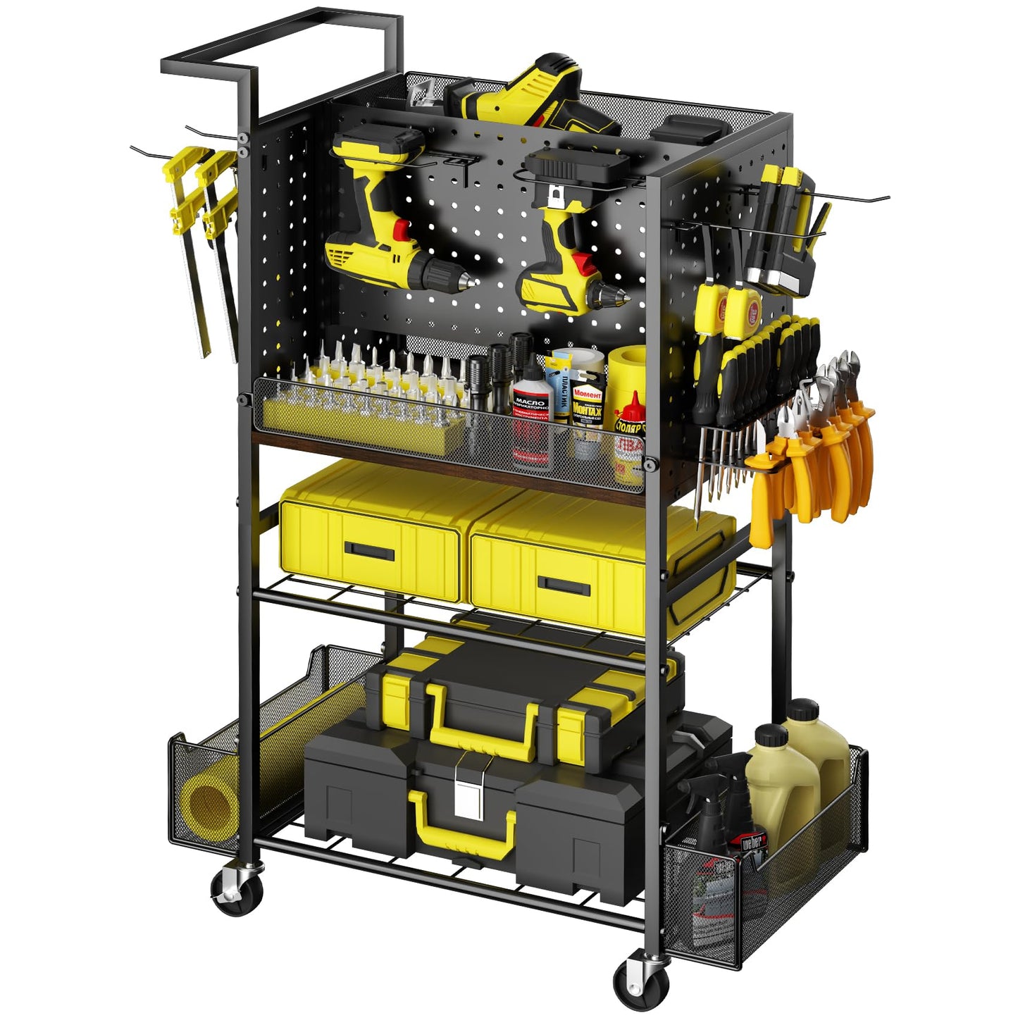 Tool Cart on Wheels, 4-Tier Metal Rolling Utility Cart with Pegboard & Storage Baskets, 242.5 lbs Heavy Duty Tool Storage Organizer for Garage, Workshop and DIY Projects