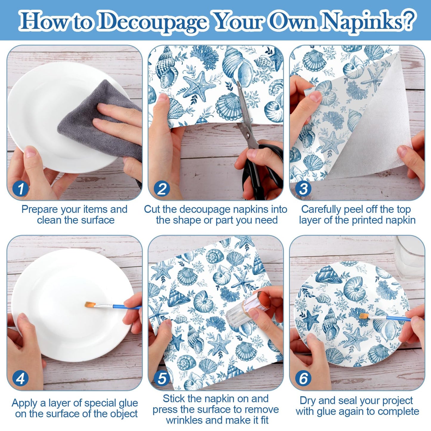 Glenmal 120 Pack Coastal Beach Blue Style Decoupage Paper Napkins, 12 Styles Decorative Cocktail Napkins for DIY Crafting Guest Tea Party Scrapbook Holiday Birthday Wedding Baby Shower, 13 Inch