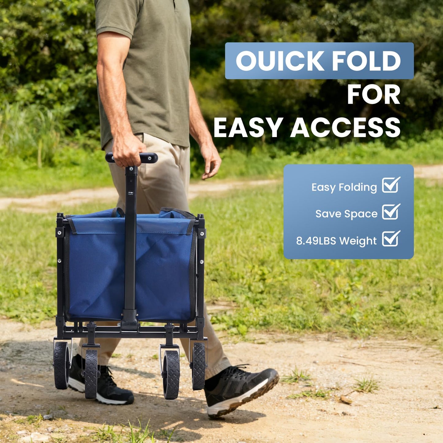 DUMOS Collapsible Wagon with Wheels, 220 lbs Wagons Carts Foldable Wagon Cart with Flexible Handle, Lightweight Portable Folding Utility Shopping Cart for Grocery Sports Garden Camping - Blue