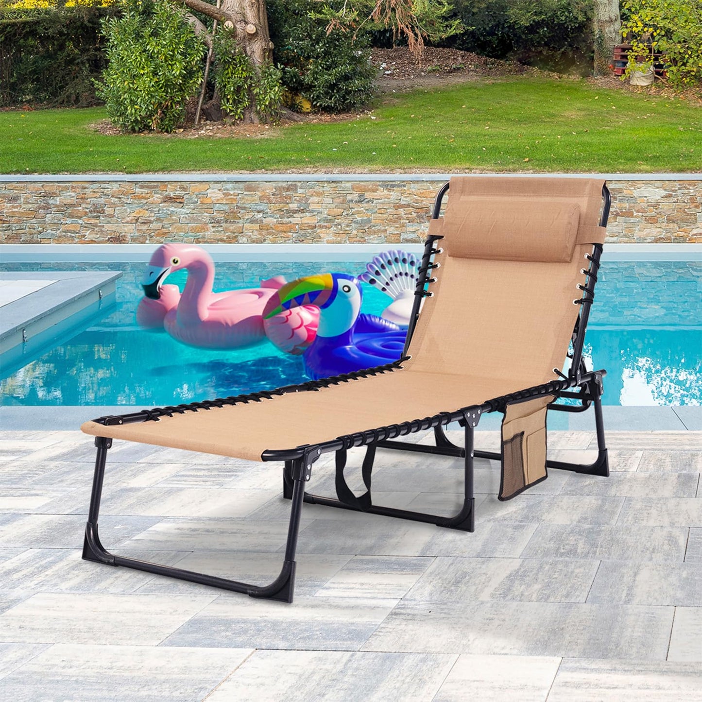 Foristrail Folding Chaise Lounge Chair Bed - Heavy-Duty 400lb Capacity Portable Adjustable Recliner w/Pillow for Patio, Pool, Camping, Sunbathing - Lay Flat Design (Beige)
