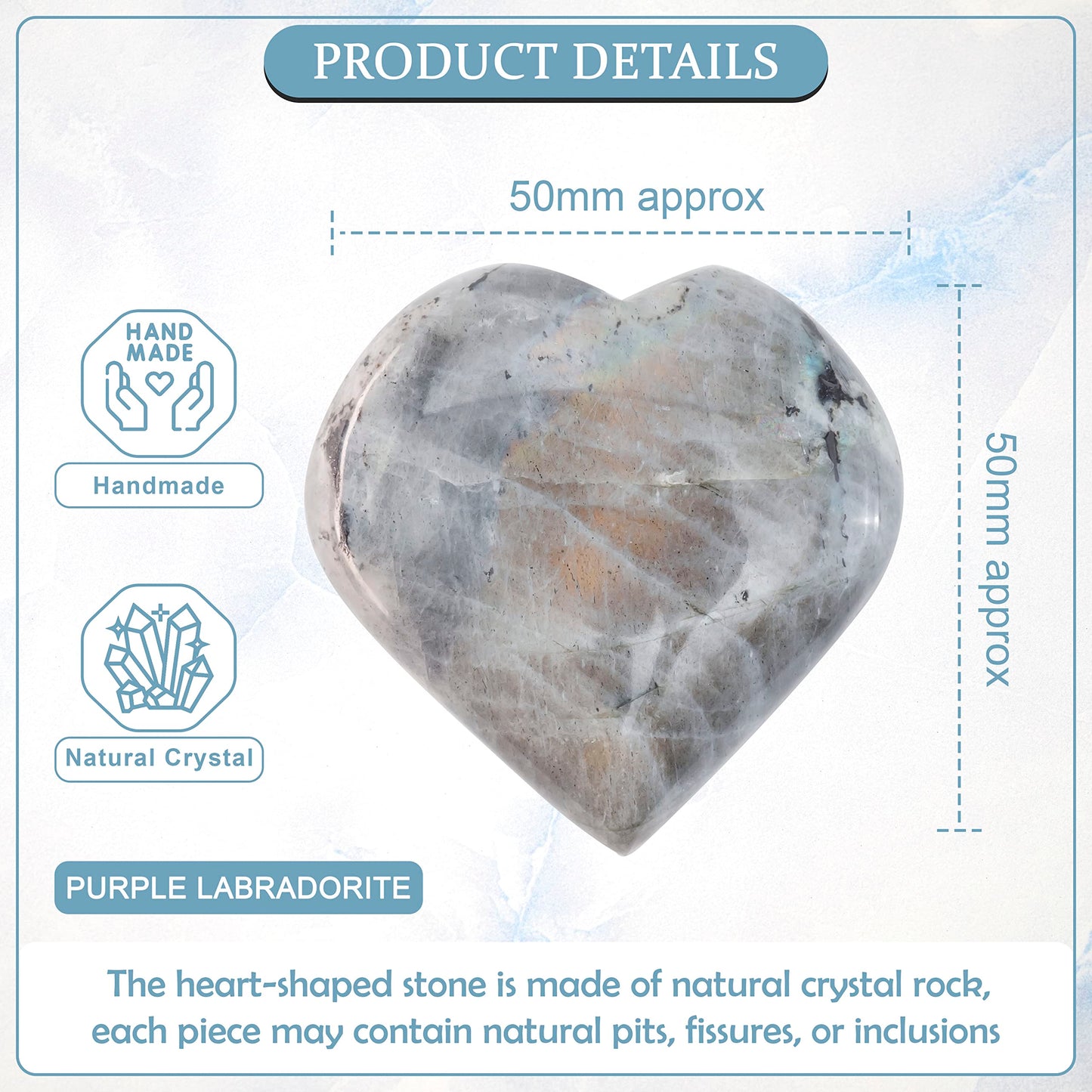 Crocon 50mm Purple Labradorite Heart stone Big Heart Shape Puff Stones Set 450+ Carats Pocket Crystal Healing Tumble Collection Palm Worry Stone Good Luck Charm Meditation Gift Craft Home Decor