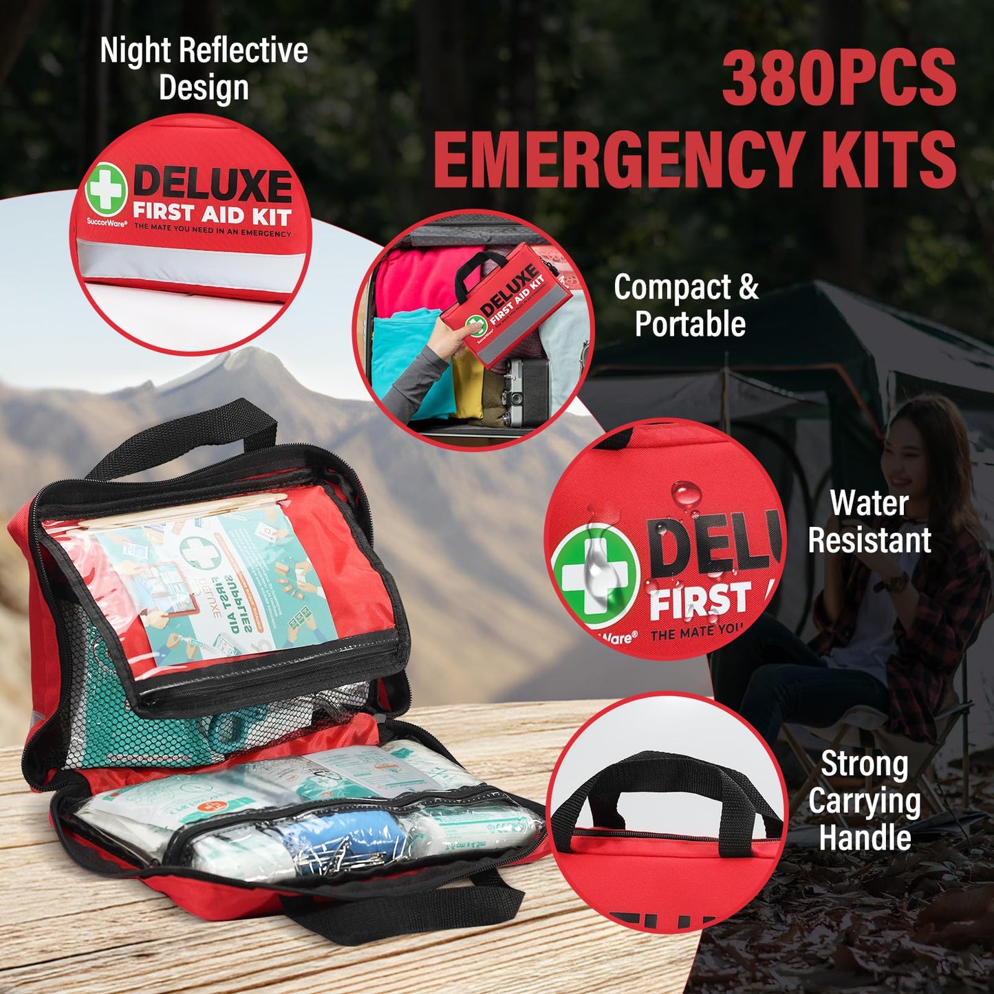 SuccorWare 380 Pieces Deluxe First Aid Kit Compact Trauma Medical Kits with Assorted Bandages, Instant Cold Pack, Emergency Blanket for Home, Travel, Camping, Vehicle, Emergency Kits(Red)