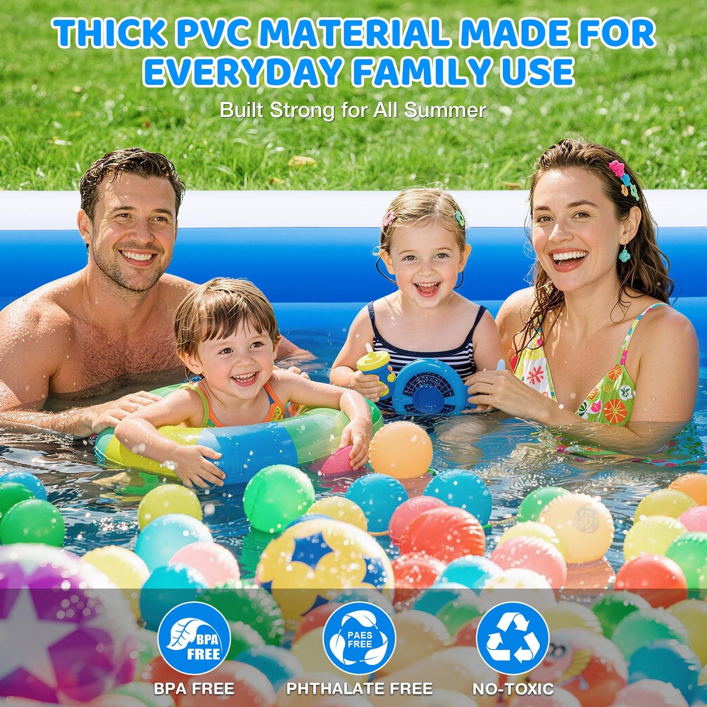 Inflatable Pool for Kids & Adults, 130" x 72" x 22" Large Family Blow Up Pool for Backyard, Thickened PVC Kiddie Pool Above Ground Pool, Easy Setup Summer Outdoor Garden Pool