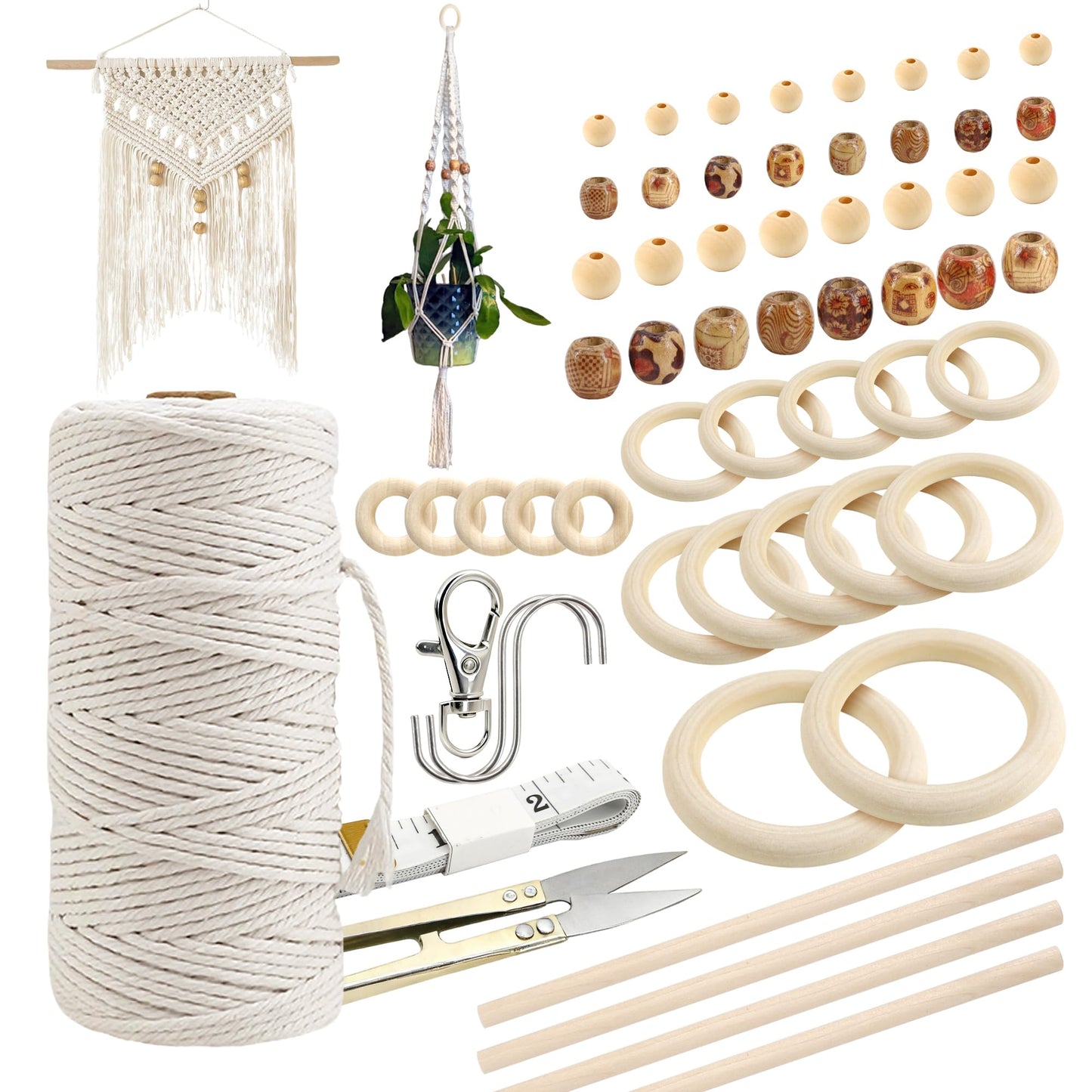 227pcs Macrame Kits 3mm 115yards Wall Hanging Natural Cotton Macrame Cord with Wooden Beads & Rings Wooden Sticks, Metal S-hooks Supplies for Hanging Plant Hand Tassel weaving