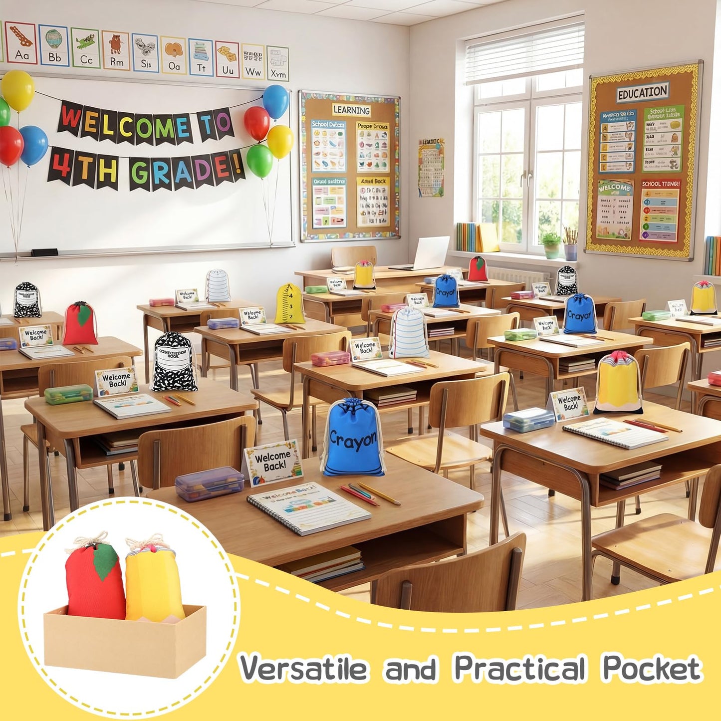 Sweetude 36 Pcs Teacher Appreciation Survival Kit Gifts Bags 4 x 6 Inch Composition Notebook Teacher Survival Supplies Drawstring Bags Pencil Crayon Apple Ruler in Bulk Thank You Canvas Makeup Pouch