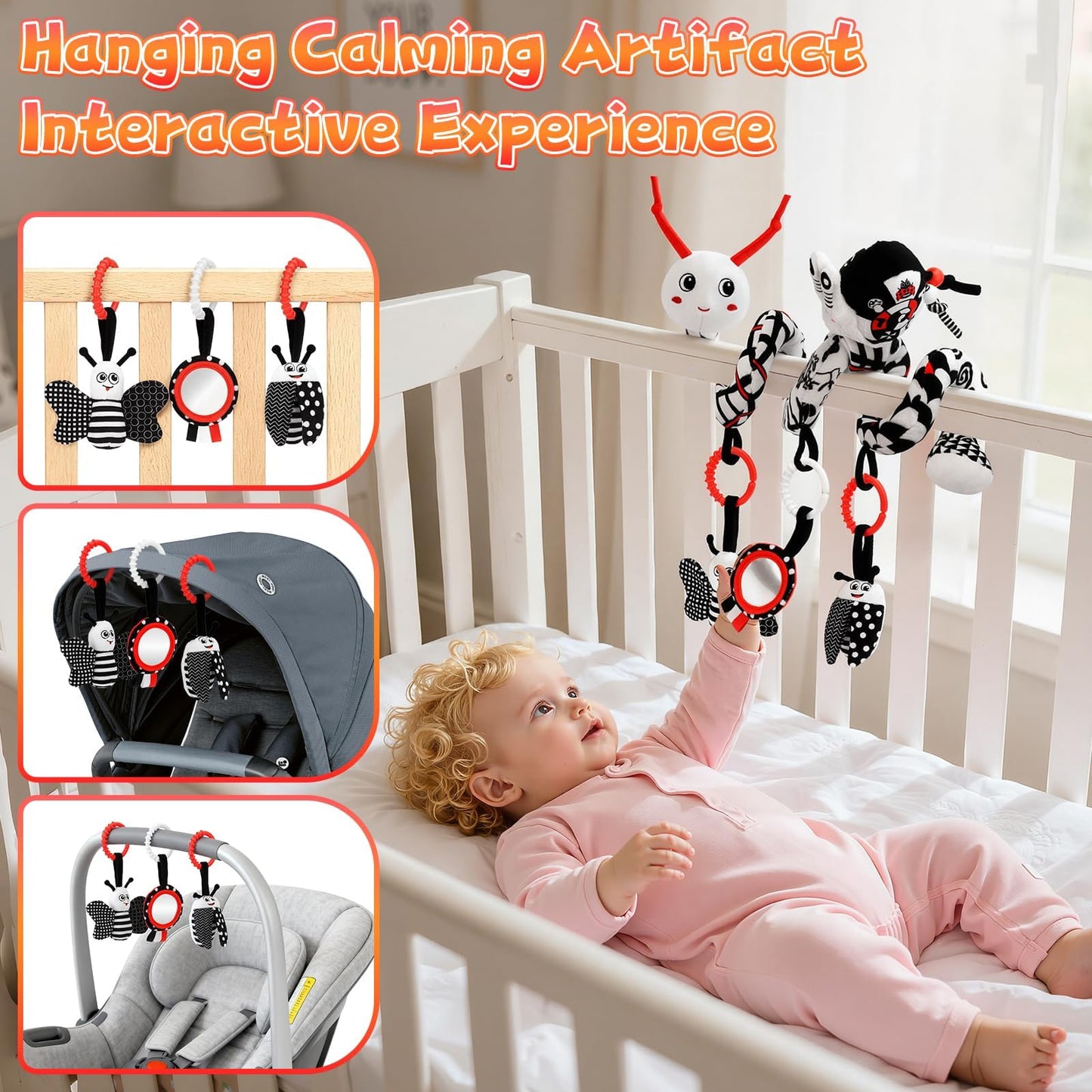 Zendstanding High Contrast Baby Toys for Newborn, Black and White Baby Sensory Toys 0-12 Months with Car Seat Toys & Soft Plush Toy, Activity Hanging Toys Velcro for Stroller Toys Baby Gifts