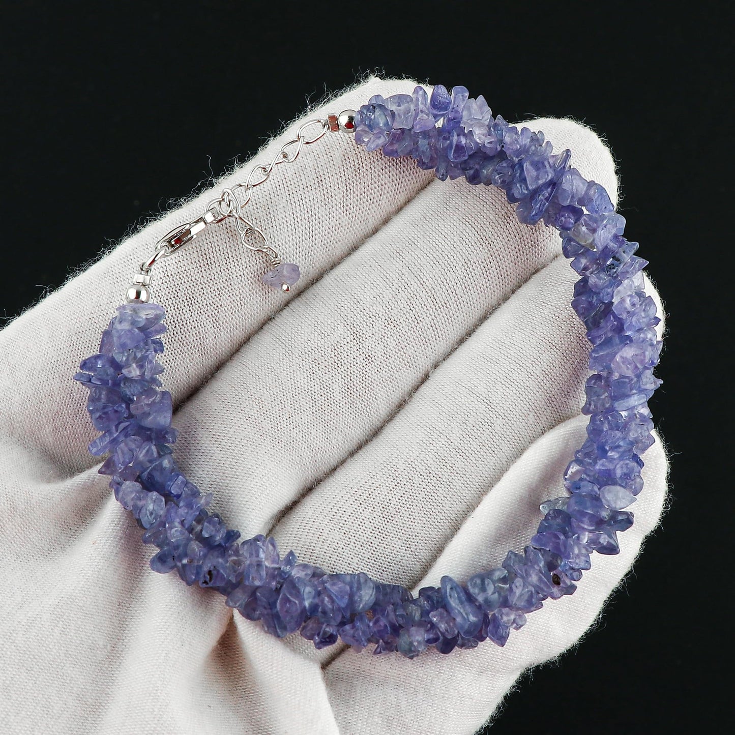 CRYSTALIS Natural Tanzanite Beads Braided Rope Bracelet, Chips Nuggets Beaded Gemstones, Chakra Healing Stones, Gift Giving Womens Jewelry, 925 Sterling Silver Bracelet 8 inch
