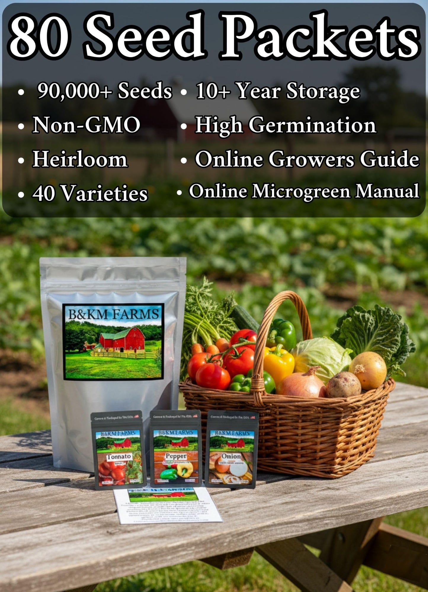 B&KM Farms Vegetable & Herb Seed Collection - 40 Varieties, 80 Packets, 90,000+ Heirloom Non-GMO Seeds, Resealable Storage Packaging (80 Pack: The Ultimate Survival Vault)