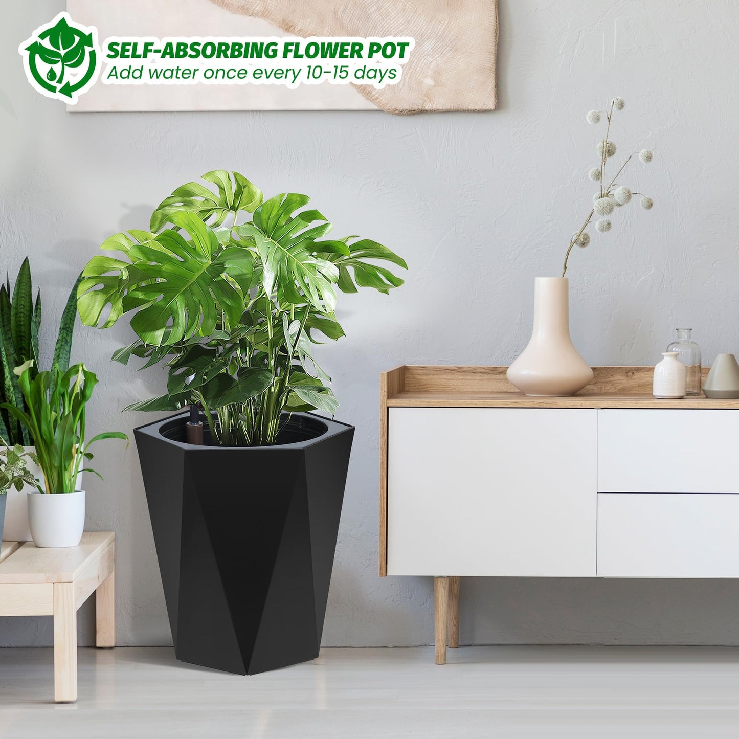 IDEALHOUSE 16" Tall Planters, Self-Watering Planters with Water Level Monitor and Drainage Hole, Large Outdoor Planters for Living Room, Bedroom Office, Patio, Porch, Garden, Set of 2