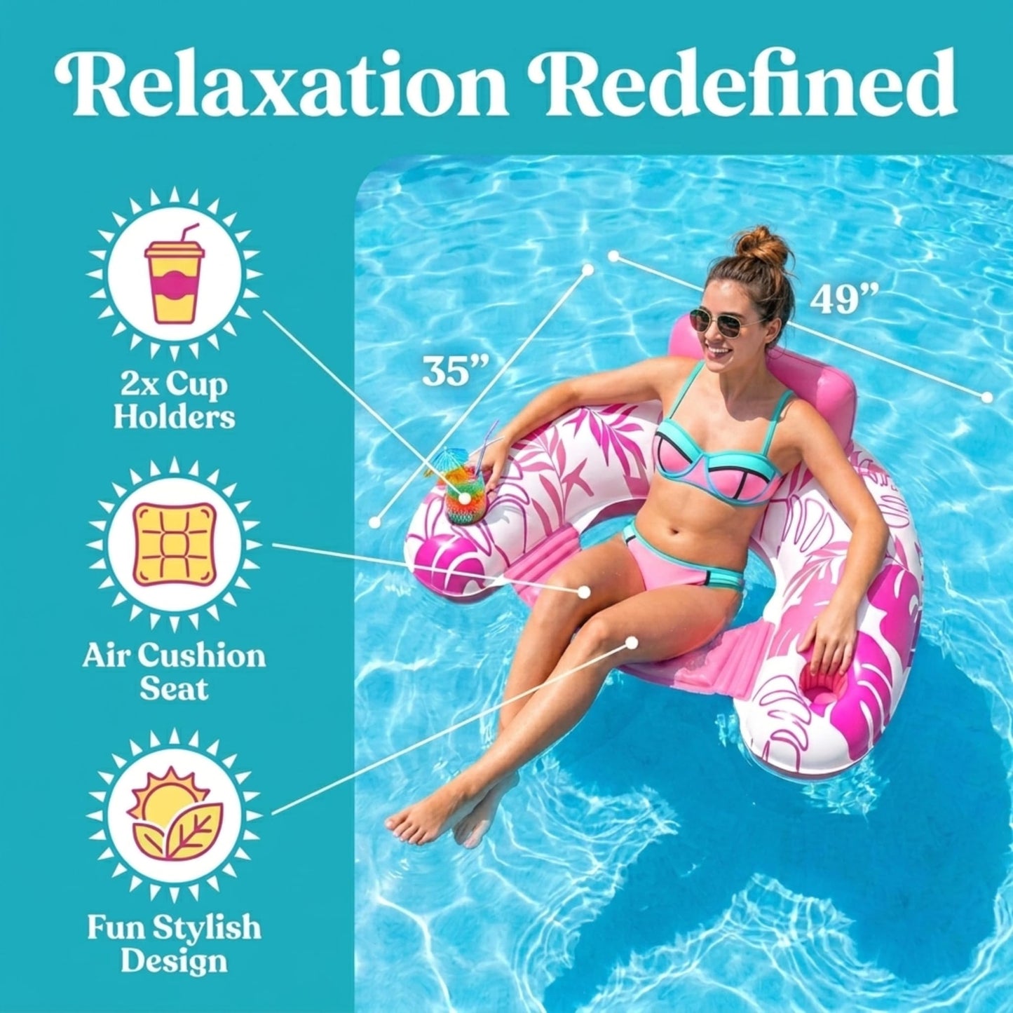 Pool Chair Floats - 2 Pack Floating Pool Chairs for Adults | Inflatable Pool Chair with Cup Holder & Armrest | Swimming Chairs for Adults | Tropical Design (Pink/Blue) Pool Float Chair - Poolsider