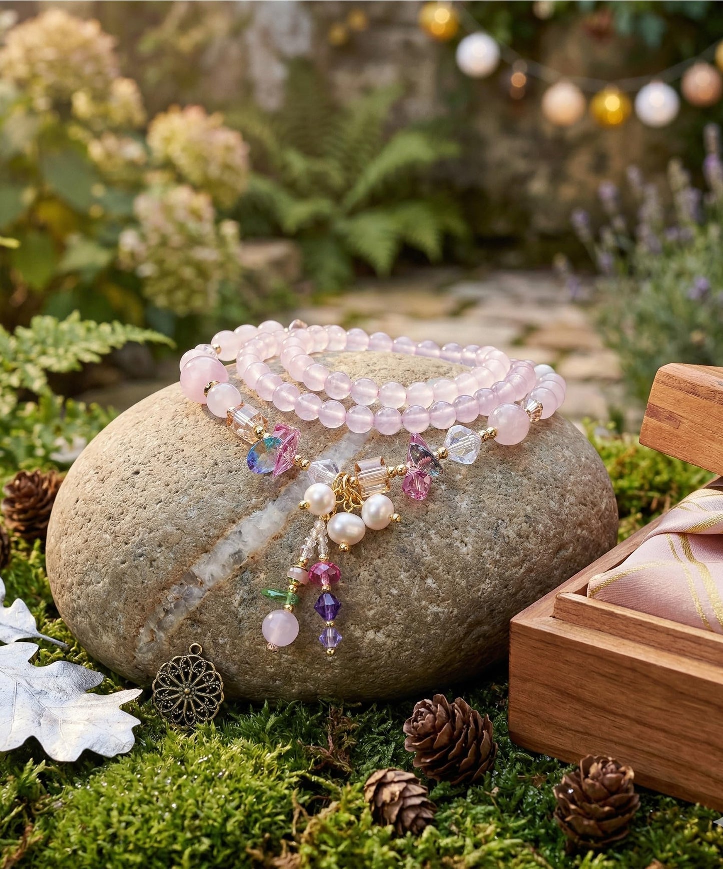 18K Gold Plated Handmade Rose Quartz Wrap Bracelet-Necklace for Women | Natural Healing Stone with Freshwater Pearl & Austrian Crystal | Love Energy Gift