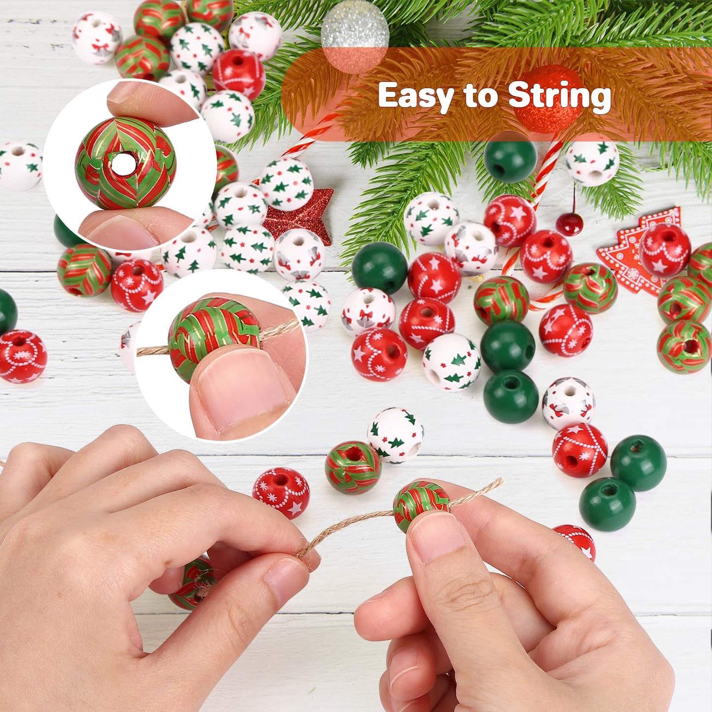 GWHOLE 120PCS Christmas Wood Beads for Crafts, 0.6 Inch Red and Green Christmas Wooden Beads with 65.6 Ft Twine for Xmas Winter Holiday Party Decor Bracelets Necklace DIY Craft