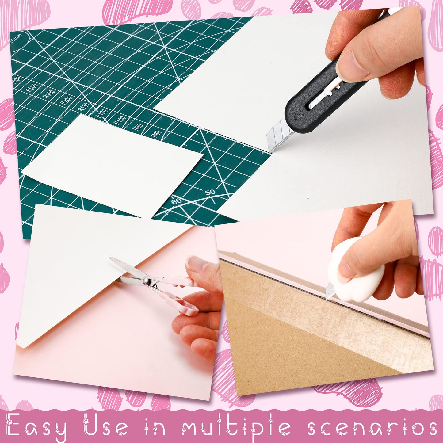 9 Pcs Mini Cute Box Cutter Scissors Knives Set Carton Cat Paw Stainless Steel Cutter Letter Opener Portable Retractable Utility Knives for Package Paper Cut Home DIY Scrapbook Crafting Back to School