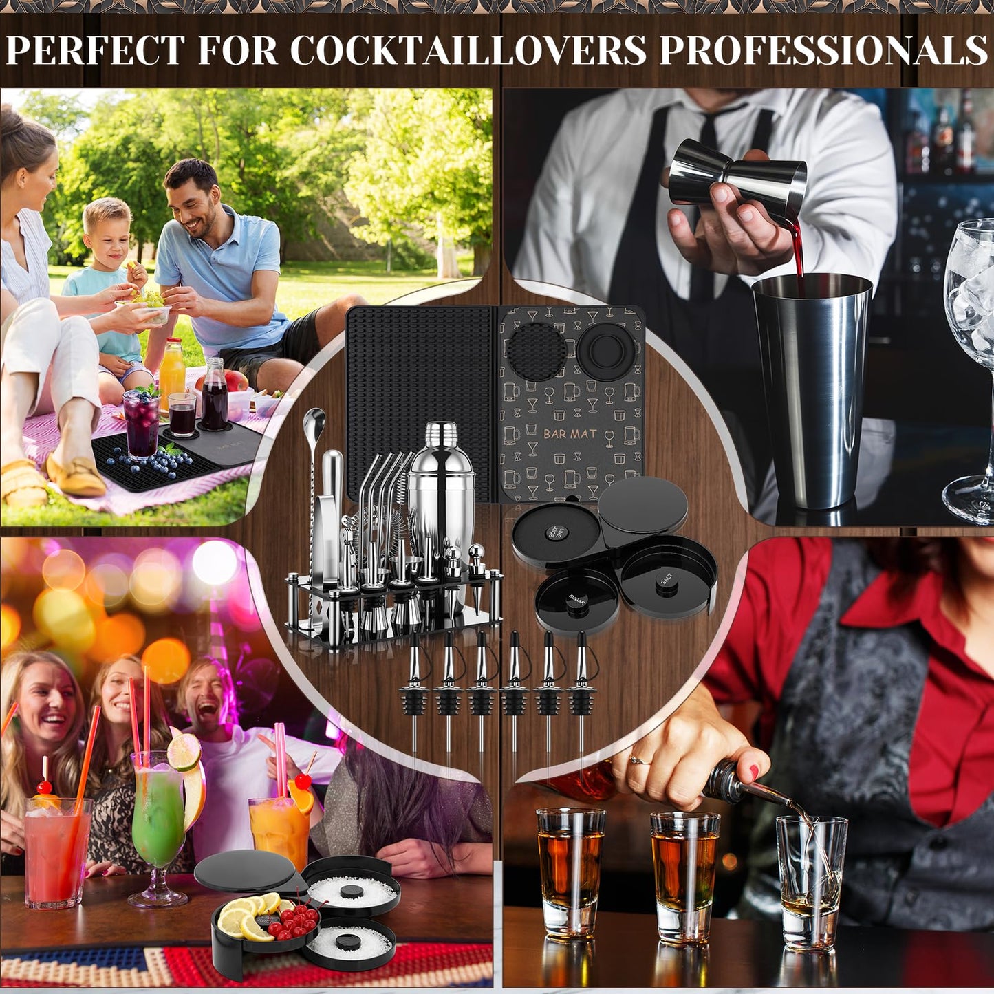 Acellegic 28 Pcs Cocktail Shaker Set and Bartender Kit with Stand, 18 x 12 Inch Folding Bar Mat with Cutting Board, 3 Tier Bar Glass Rimmer, Liquor Pour Spout Bartender Tool Gift for Home and Mixology