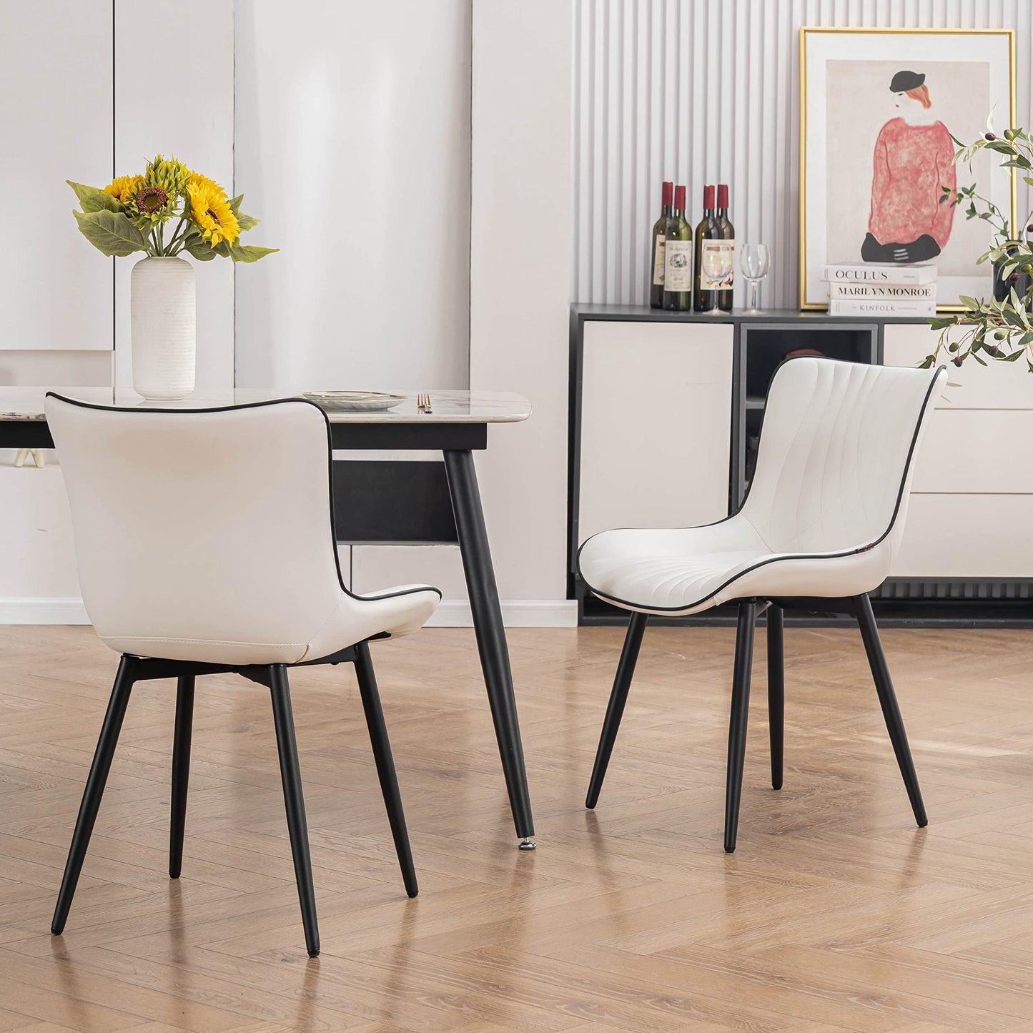 YOUTASTE Dining Chairs Set of 2, Mid Century Modern Upholstered Faux Leather Kitchen Room Chairs, with Black Metal Legs, Armless Accent Chair for Living Room, Bedroom, Vanity, White
