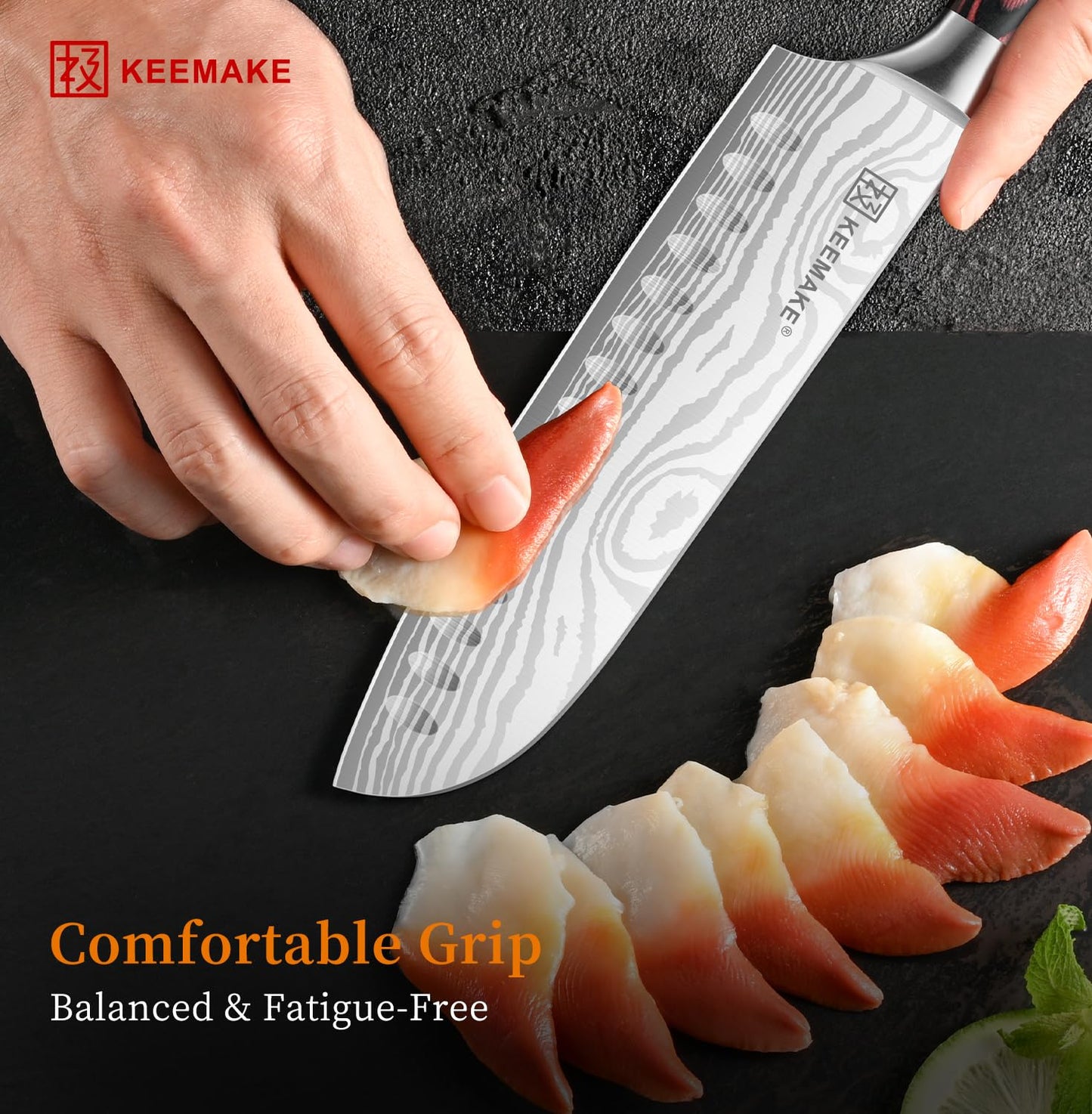 KEEMAKE Santoku Knife - 7 Inch High Carbon Japanese Chefs Knife with Ergonomic Pakkawood Handle and Sheath, Gifts for Mom or Dad, Kitchen Gadgets with Gift Box, Mothers Day Gifts