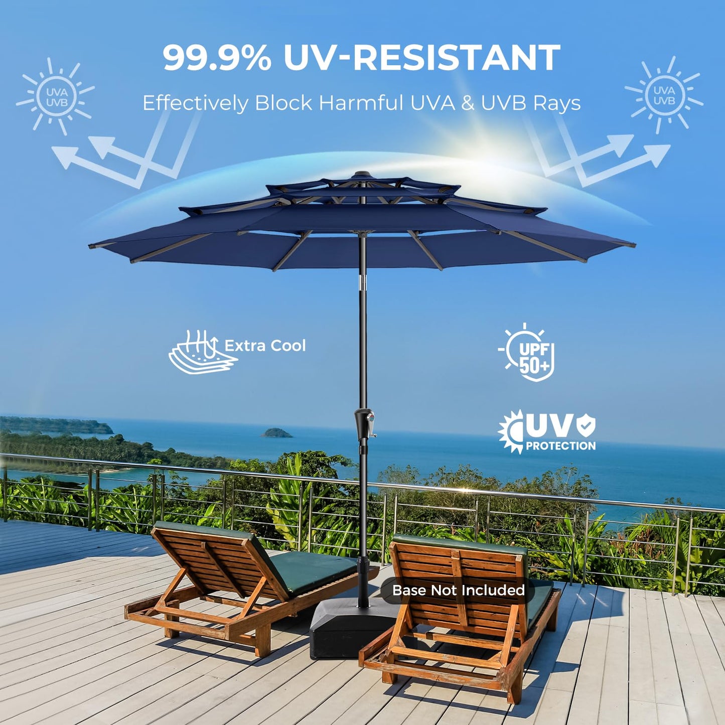 HOMSHADE 9FT 3-Tiers Outdoor Patio Umbrella with 5-Year Fade Resistant,Vented Outdoor Commercial Market Umbrella with UPF50+ UV Protection & Push Button Tilt and Crank for Pool,Backyard(Navy Blue)