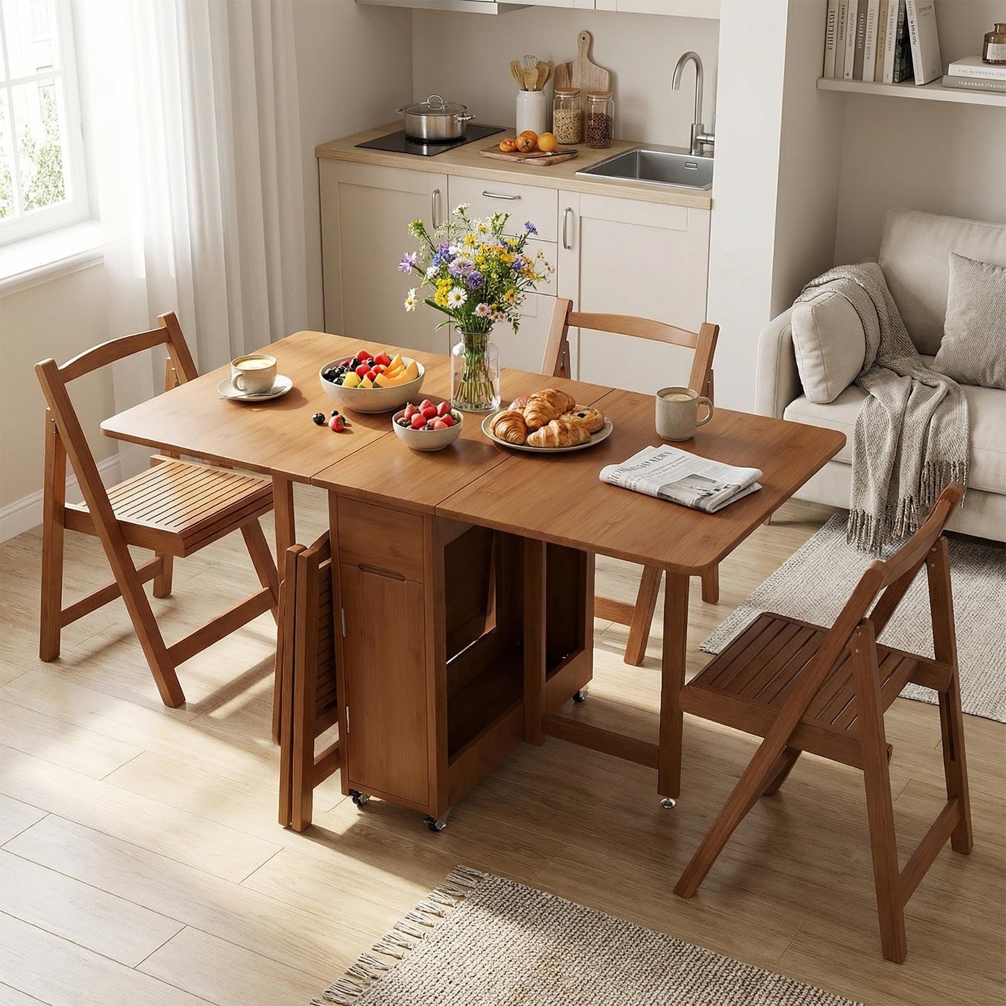 Folding Dining Table Set with 4 Chairs, Drop Leaf Foldable Table on Wheels, Collapsible Dinette Table with Hidden Chair Storage, Space Saving Folding Dinner Table Set for Small Apartments