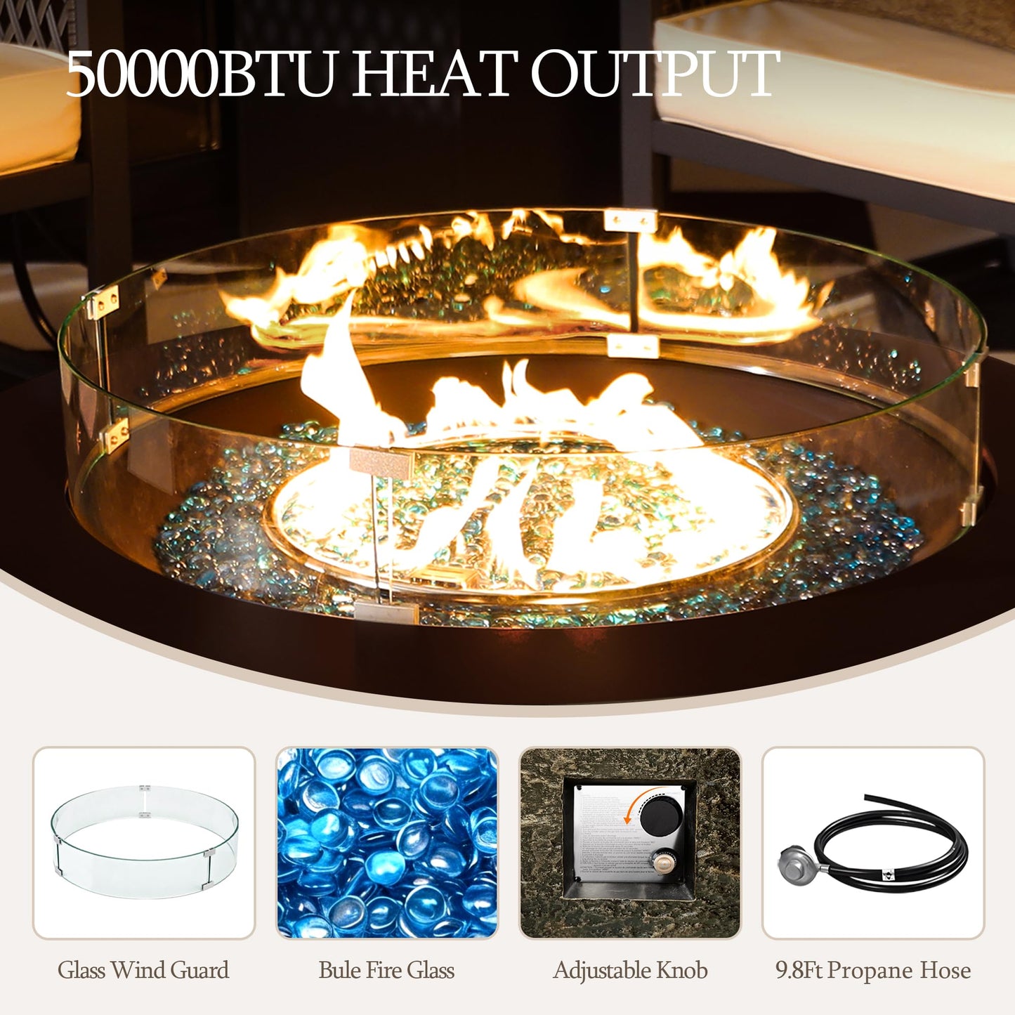 UPHA 42-inch Outdoor Propane Gas Fire Pit Table 50000 BTU Concrete Round FirePit for Outside Patio with Propane Tank Cover, Wind Guard, Blue Glass Rocks, Rain Cover, Bronze