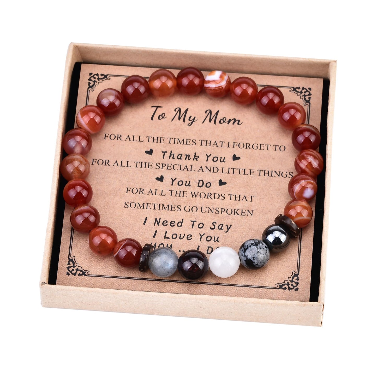 UOOSA Natural Stone Bracelet for Mom - 8mm Carnelian, Moonstone & Healing Crystals Beaded Jewelry with Message Card Box, 19cm Handmade Birthday Gifts from Daughter or Son