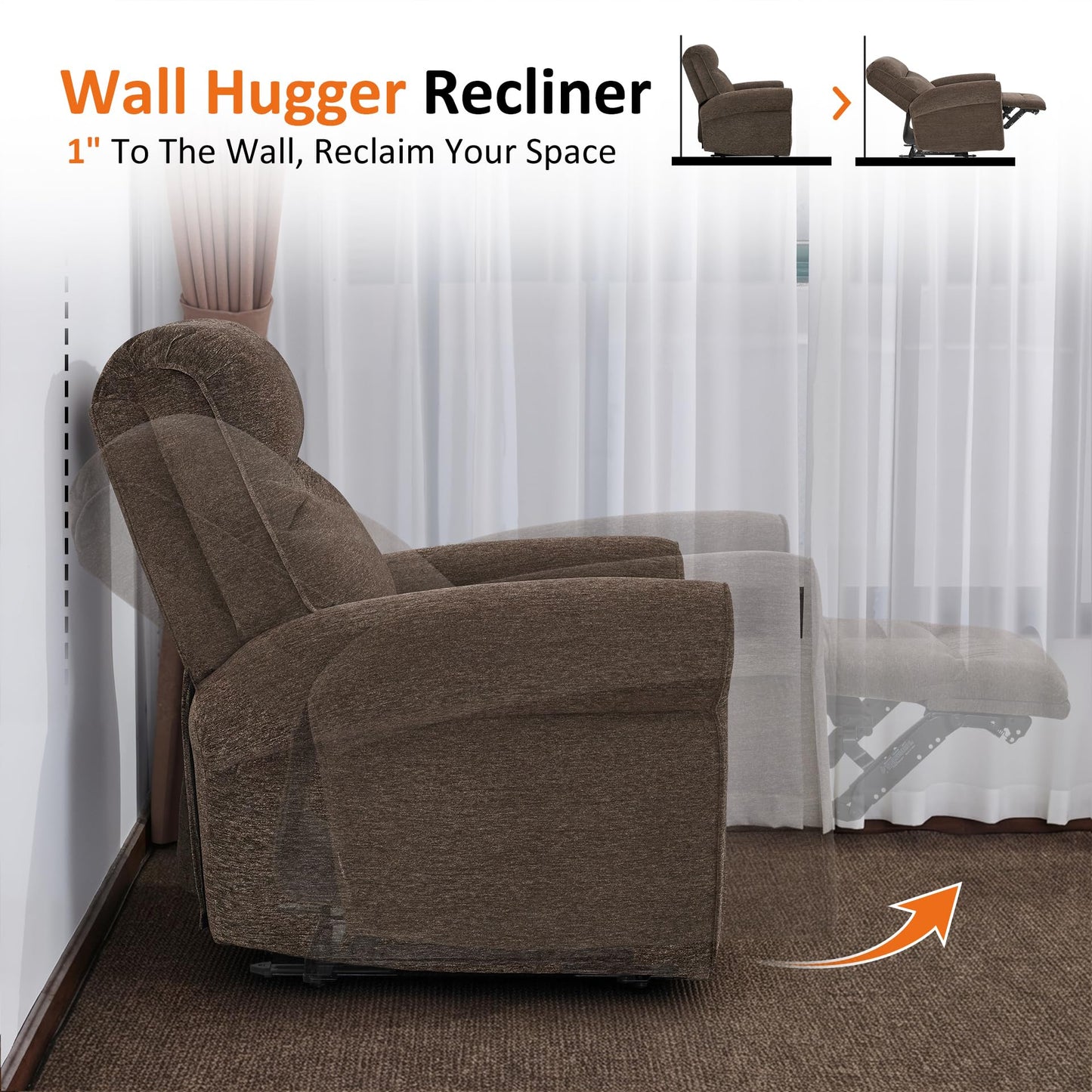 MCombo Compact Wall Hugger Power Recliner Chair for Small Spaces, Dual USB-A/C Ports, Rolled Arm Recliner for Living Room & RV, Fabric PR520 (Dark Brown, Small)
