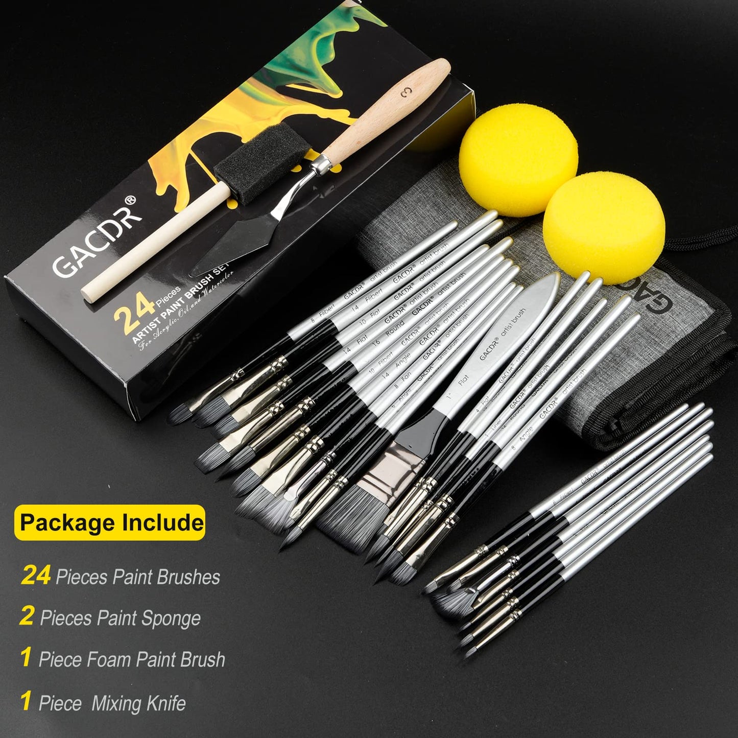 GACDR Acrylic Paint Brush Set, 24 Pieces Paint Brushes for Acrylic Painting with Cloth Roll Case and 2 Sponges, Pinceles para Acrilico for Oil Watercolor Gouache…