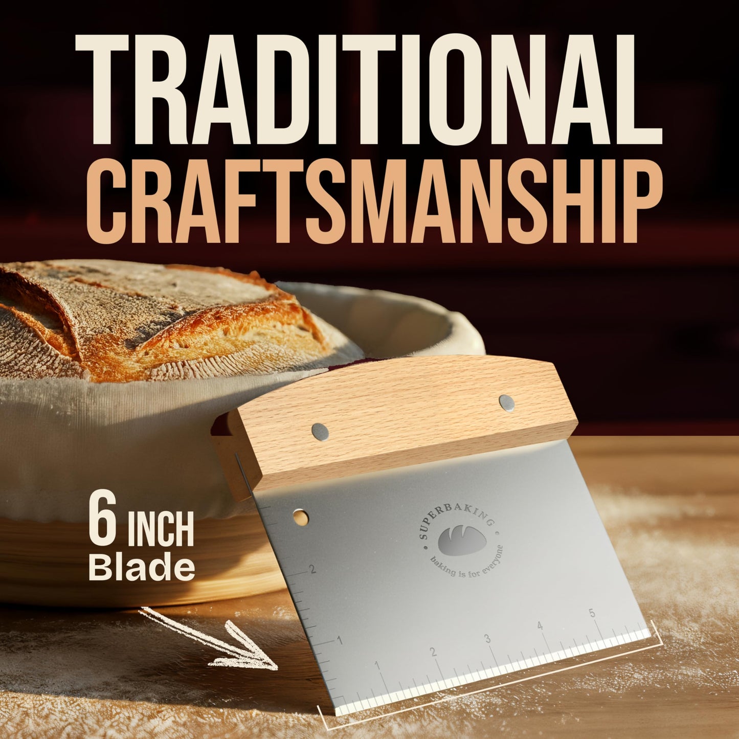 Superbaking Dough Scraper - 6" Wooden Bench Scraper - Dough Cutter with Ruler - Pastry & Cake Scraper - Kitchen Tools Sourdough Baking Supplies - Bread Making Tools & Accessories for Home Bakers