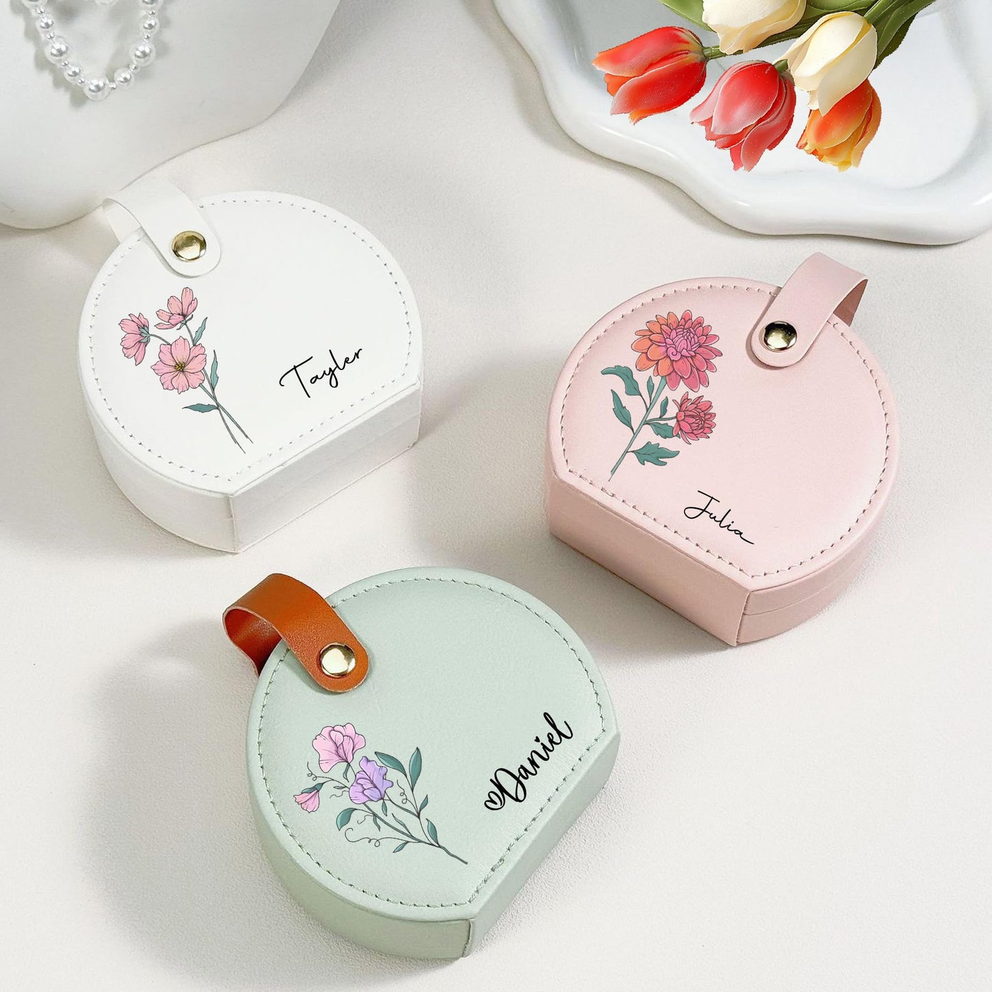 AsBestForGF Ships Next Day, Custom Mini Jewelry Travel Box with 12 Months Birth Flowers & Name, Personalized Jewelry Gift Case for Traveling, Delicate Christmas Birthday Gifts for Women Mom, Teachers