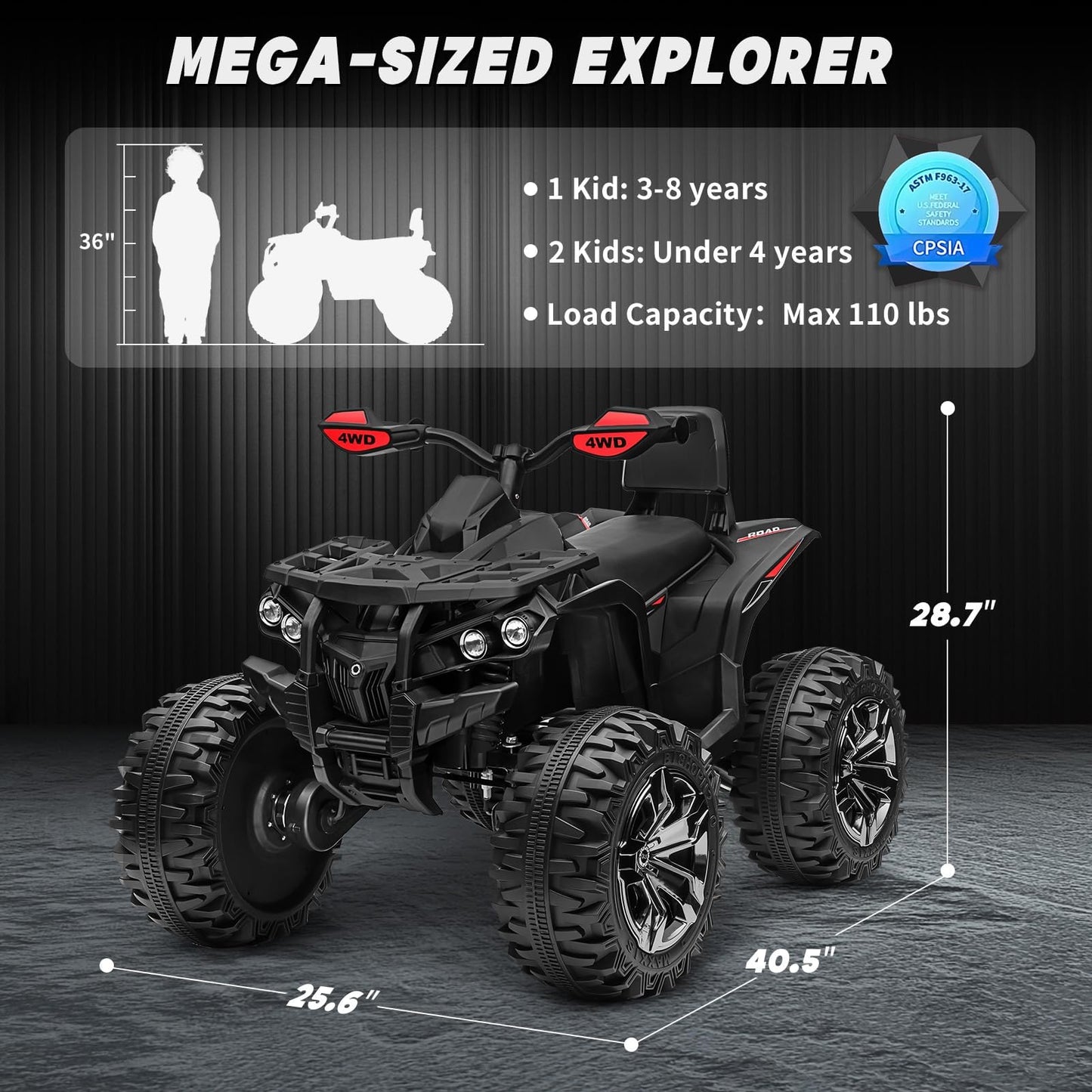 JOYRACER 24V Kids ATV 4 Wheeler, 4x4 Ride On Toys Car w/ 800W Motors, 9AH Battery Powered Car w/Remote Control, Bluetooth, MP3, USB, Spring Suspension, 2-Seater Quad for Boys Girls, Black