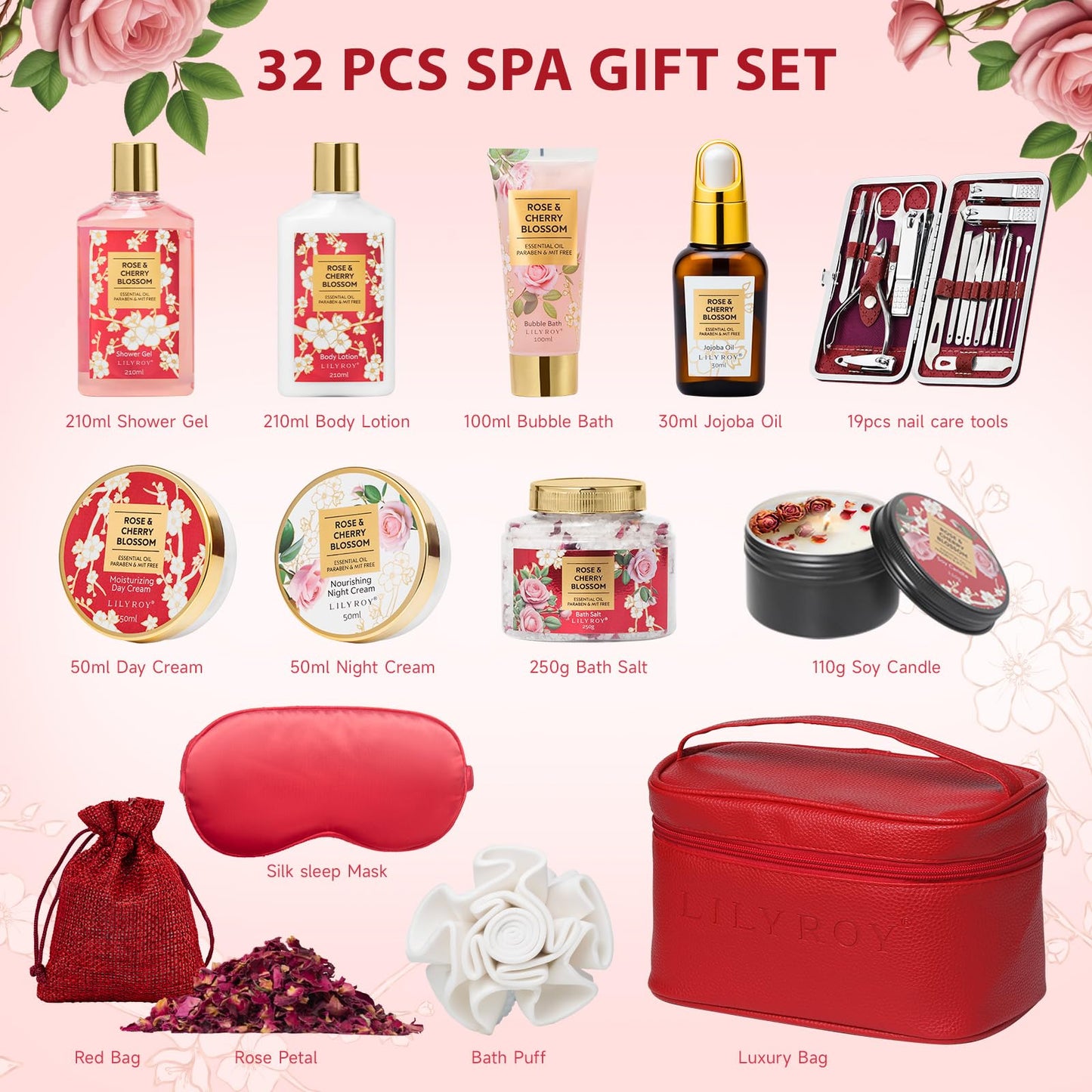 Gifts for Women, Spa Gift Set for Women - Rose Bath and Body Gift Set Beauty Skin Care Spa Kit with Shower Gel | Bath Kit, Valentines Day, Birthday, Christmas, Mothers Day Gift for Mom