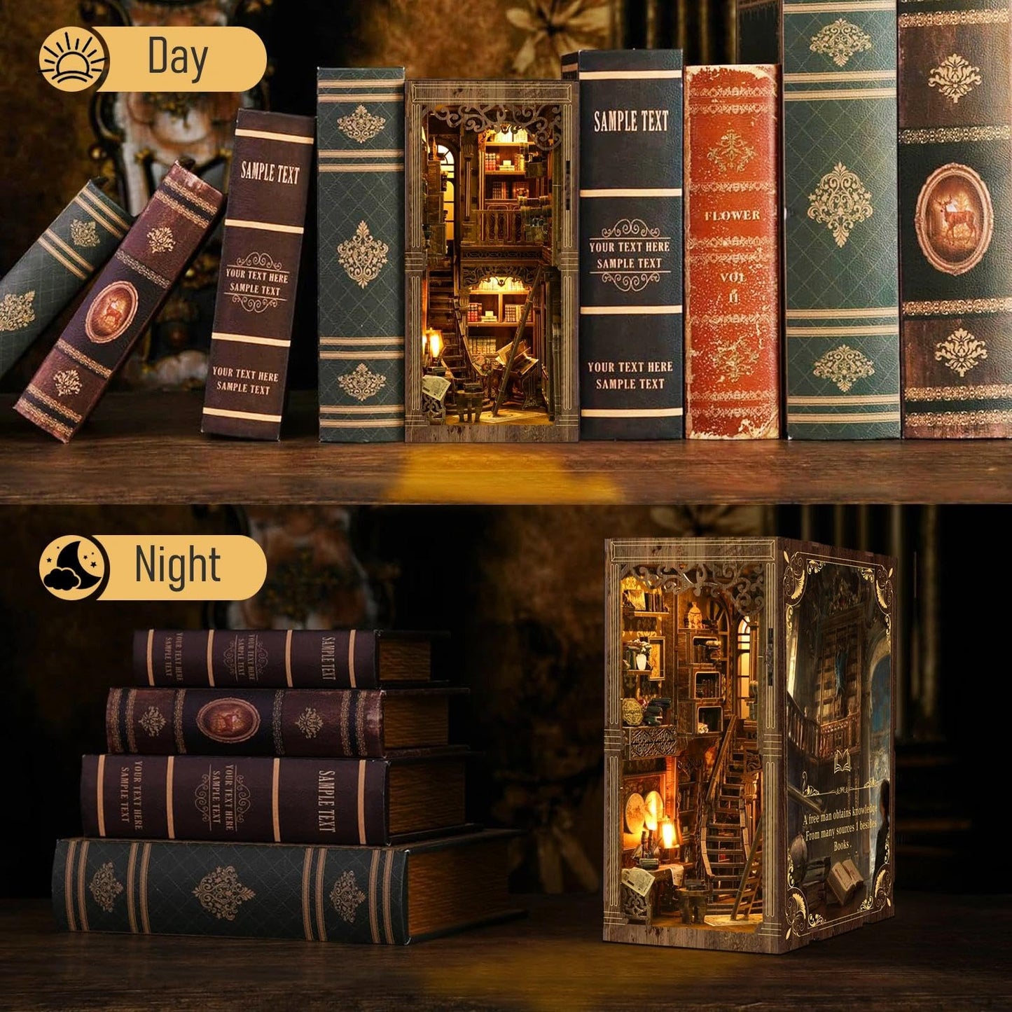 nestery Book Nook Kit - Miniature House Kit for Bookshelf Decor, Wooden DIY 3D Puzzles with LED Lampline & Dust Cover, Retro Bookstore Theme Miniatures, Creative Craft Gift for Adults & Book Lover